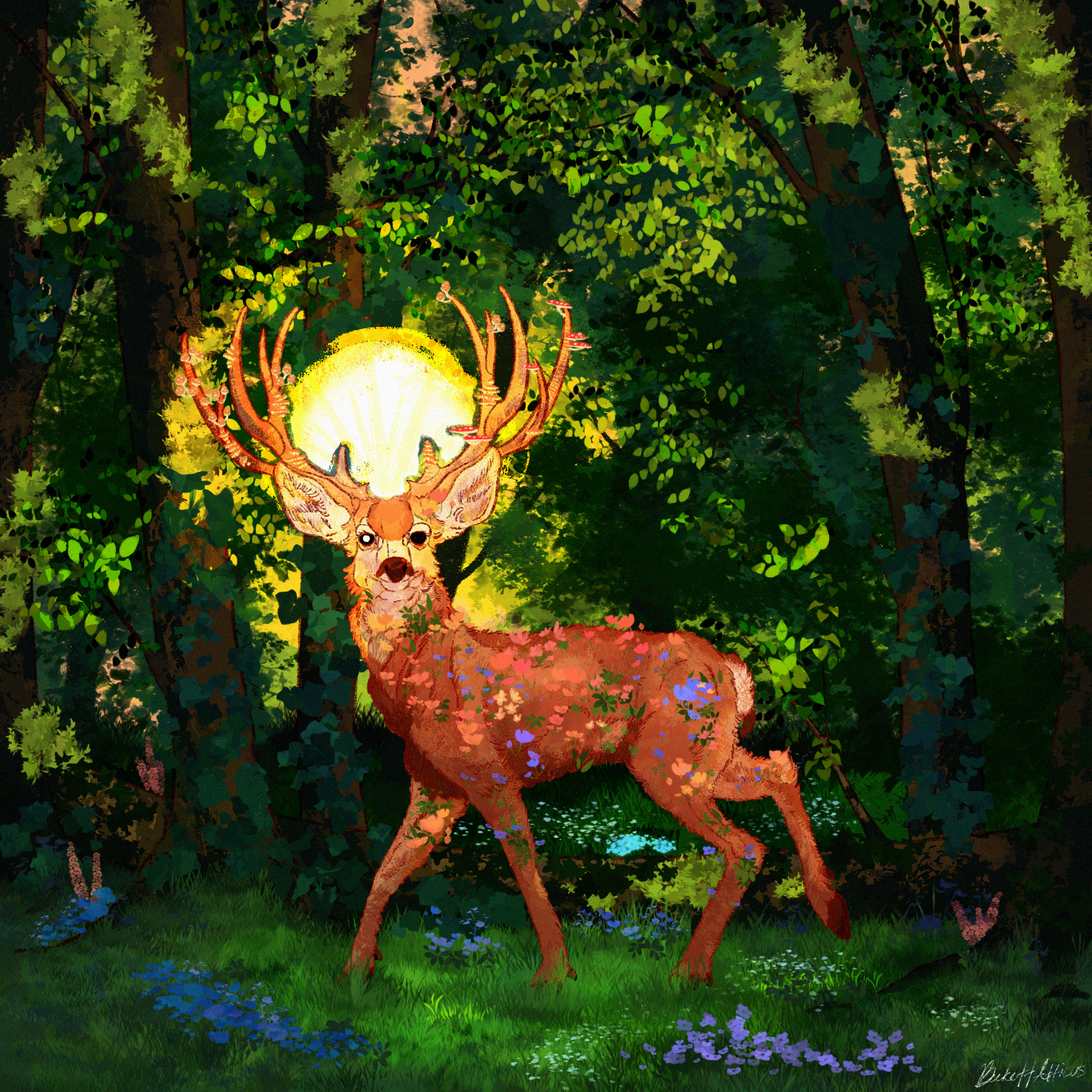 foxbirdy, original, alt text, commentary, english commentary, highres, procreate (medium), animal, animal focus, black eyes, blue flower, bright pupils, bush, closed mouth, dappled sunlight, deer, evening, flower, forest, full body, grass, green background, growing out of body, halo, heterochromia, ivy, leaf, looking at viewer, mismatched pupils, mushroom, nature, no humans, orange sky, outdoors, pink flower, plant, plant horns, realistic, red flower, scenery, signature, sky, smile, sunlight, tree, vines, white pupils, yellow flower, yellow halo
