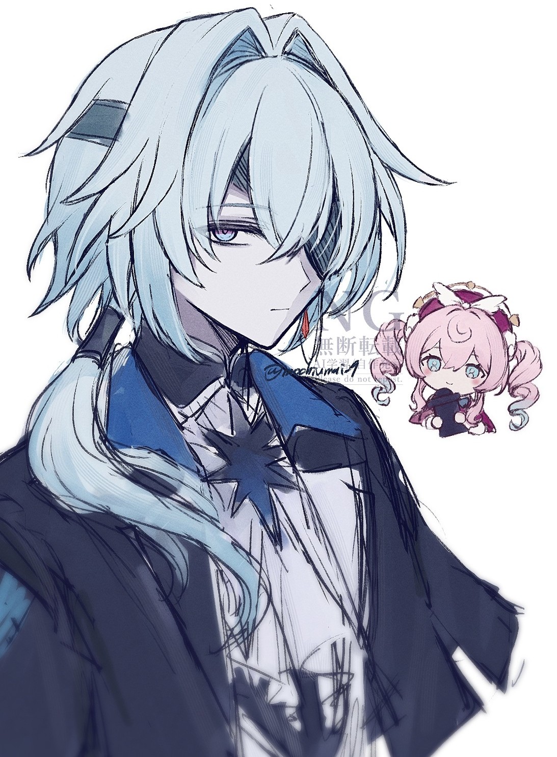 mochiumai29, anaxa (honkai: star rail), hyacine (honkai: star rail), honkai: star rail, honkai (series), highres, 1boy, 1girl, ascot, black jacket, blue eyes, blue hair, chibi, chibi inset, closed mouth, crystal earrings, drill hair, earrings, eyepatch, green hair, hair between eyes, hair intakes, hat, jacket, jewelry, long hair, looking at viewer, low ponytail, one eye covered, pink hair, ponytail, shirt, simple background, sketch, twin drills, twintails, upper body, white ascot, white background
