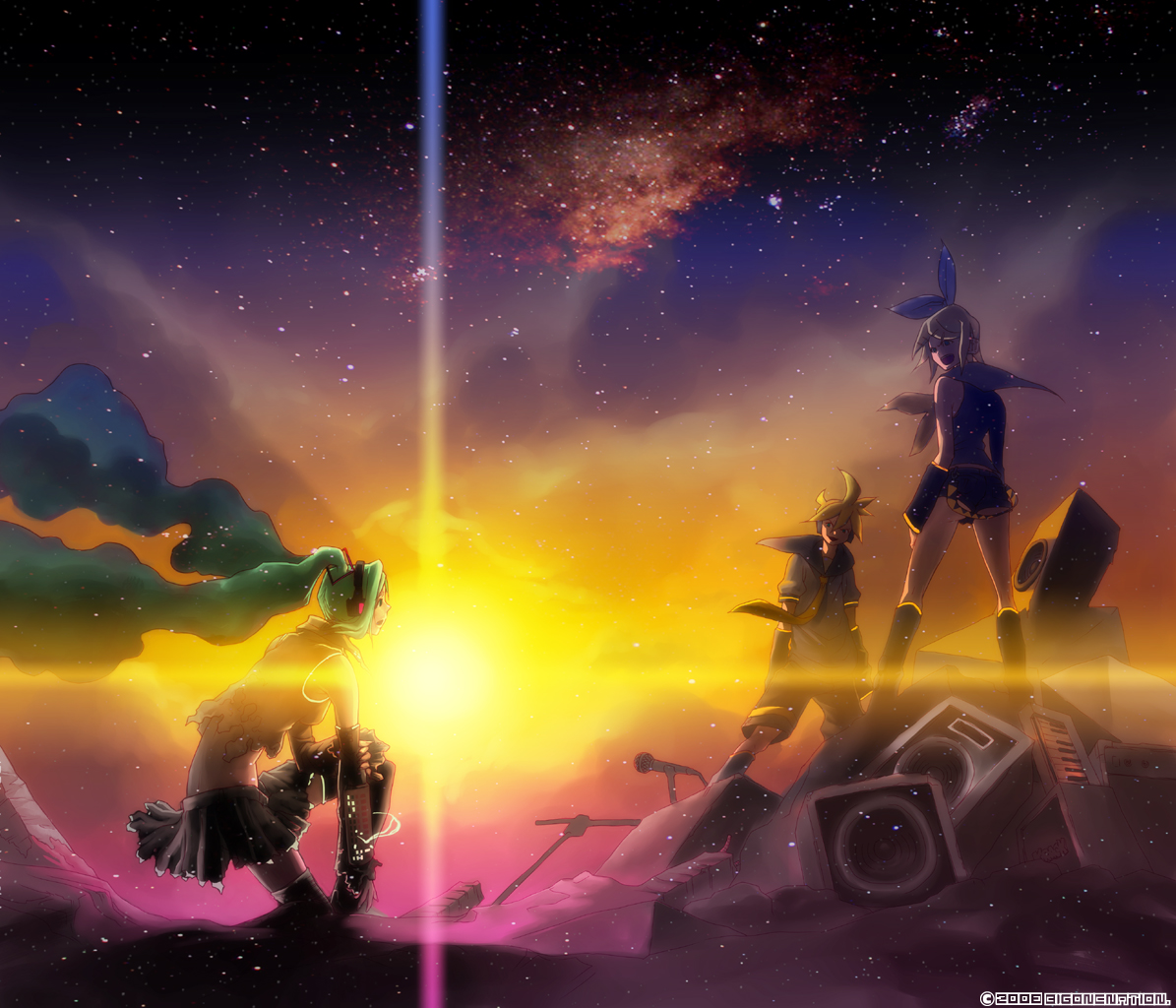 raichi (litchixlitchi), hatsune miku, kagamine len, kagamine rin, vocaloid, 1boy, 2girls, ass, blonde hair, dated, detached sleeves, eye contact, floating hair, from behind, green hair, kneeling, long hair, looking at another, midriff, multiple girls, necktie, pleated skirt, profile, short hair, shorts, skirt, sky, standing, star (sky), starry sky, torn clothes, twintails, very long hair, yamaha