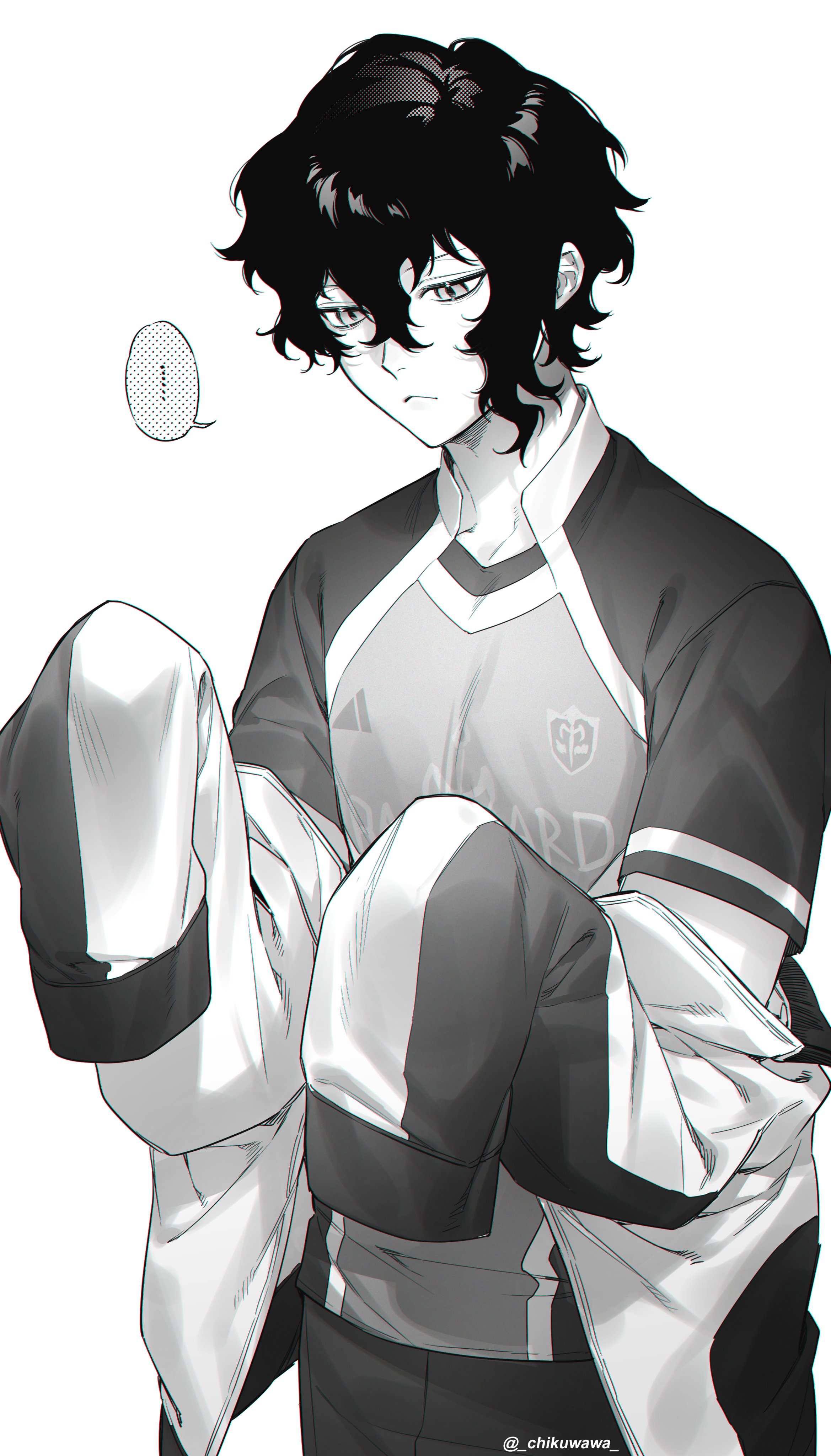 chikuwa (dr0603), kurona ranze, blue lock, absurdres, highres, 1boy, bastard munchen soccer uniform, closed mouth, greyscale, hair between eyes, hair undone, jacket, jacket partially removed, male focus, monochrome, off shoulder, short hair, slit pupils, soccer uniform, solo, speech bubble, sportswear, twitter username
