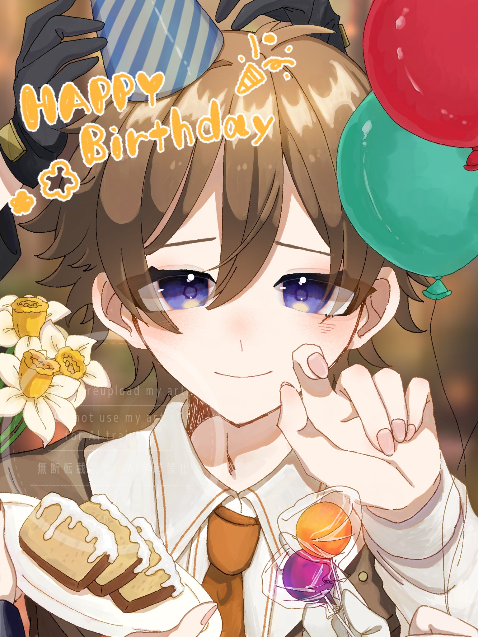 oliver fog, reverse:1999, highres, 1boy, 4others, balloon, black gloves, blue eyes, blue hat, bread, bread slice, brown background, brown hair, candy, collared shirt, flower, food, gloves, hand up, happy birthday, hat, holding, holding balloon, holding candy, holding food, holding lollipop, holding plate, lollipop, looking at viewer, male focus, multiple others, necktie, orange necktie, party hat, party popper, plate, portrait, senkichi (sen kchi), shirt, smile, solo focus, toast, watermark, white flower, white shirt