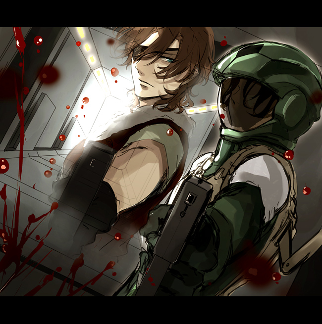 masso, lockon stratos, lyle dylandy, neil dylandy, gundam, gundam 00, bad id, bad pixiv id, 00s, 2boys, blood, brown hair, gun, male focus, multiple boys, short hair, weapon