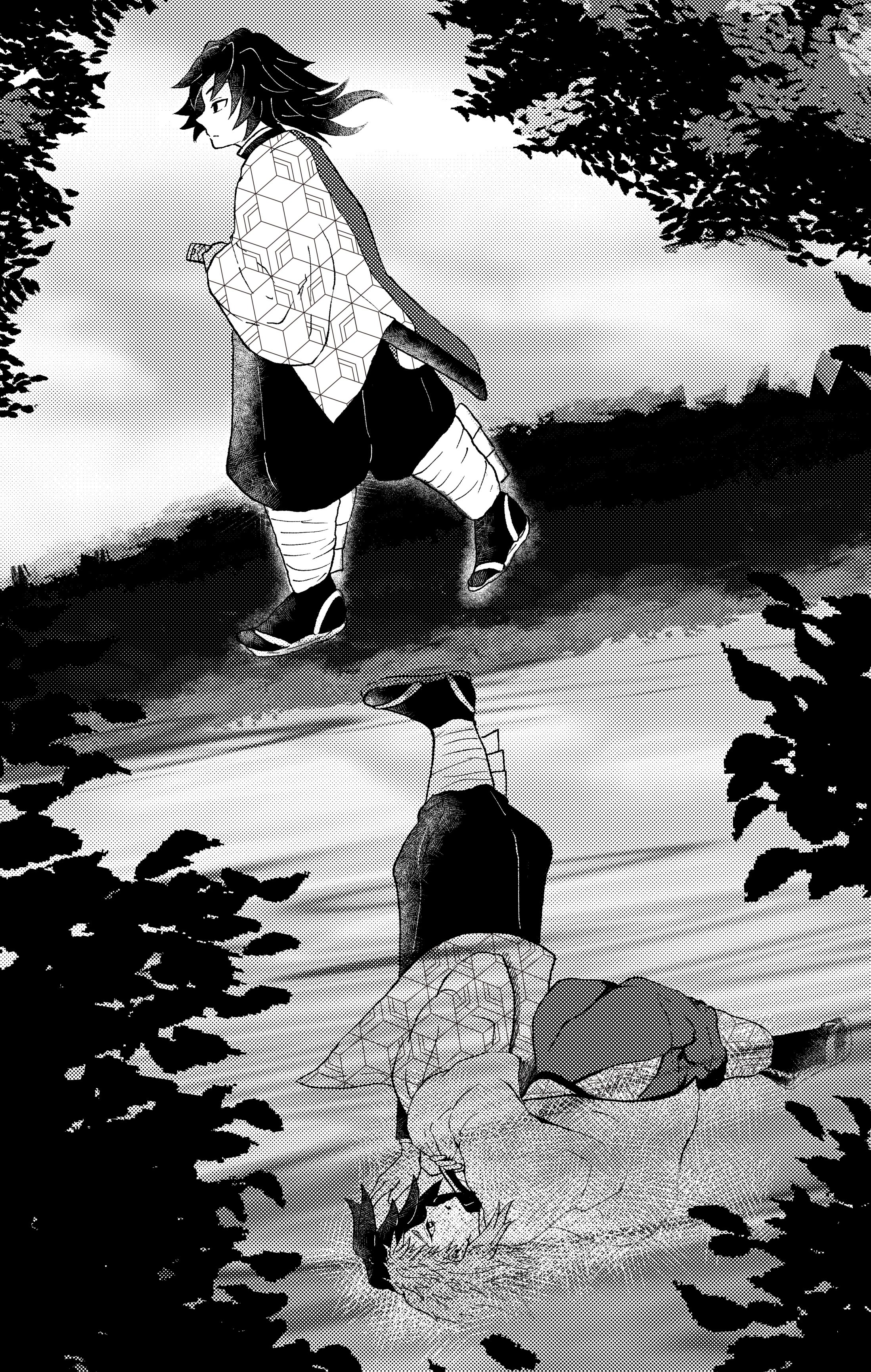sabito (kimetsu), tomioka giyuu, kimetsu no yaiba, absurdres, highres, 2boys, demon slayer uniform, full body, greyscale, haori, high collar, japanese clothes, katana, kikkoumon, long hair, low ponytail, male focus, monochrome, multiple boys, outdoors, pants, ponytail, print haori, profile, reflection, reflective water, sandals, socks, sword, tree kurage sbg, walking, water, weapon
