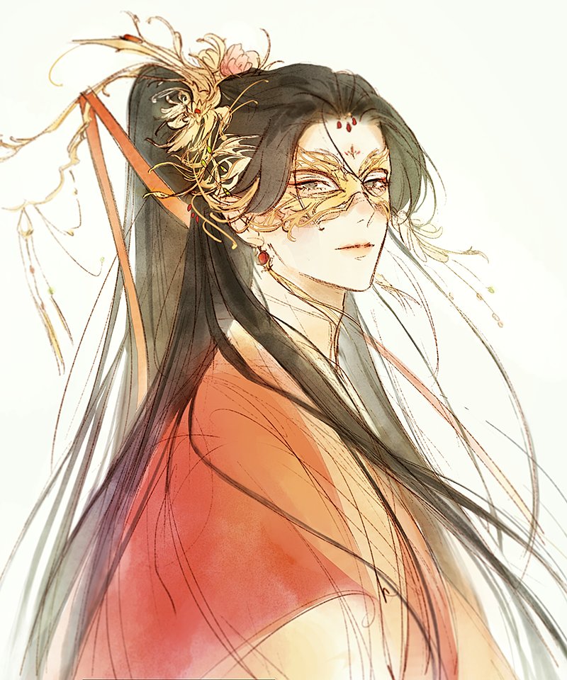 kkcoocool, xie lian, xie lian (flower crowned martial god), tianguan cifu, 1boy, brown eyes, brown hair, chinese clothes, closed mouth, earrings, eye mask, eyeshadow, facial mark, flower, forehead jewel, forehead mark, gem, gold, hair flower, hair ornament, hair stick, hanfu, high collar, jewelry, long hair, looking at viewer, looking to the side, makeup, male focus, mask, parted bangs, pink flower, ponytail, red gemstone, red hanfu, red ribbon, ribbon, ribboned xiao guan, solo, very long hair, white background, xiao guan (headdress), yellow hanfu, yellow mask