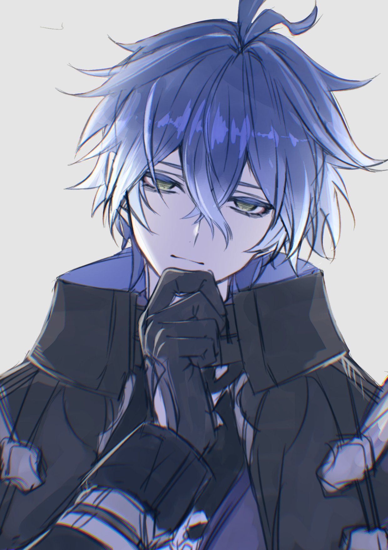 flins (genshin impact), genshin impact, commentary request, highres, 1boy, antenna hair, arm up, black coat, black gloves, blue hair, closed mouth, coat, collared coat, crossed bangs, double-parted bangs, eyelashes, gloves, hand on own chin, head tilt, long sleeves, looking at viewer, male focus, simple background, solo, sss mt553, upper body, white background, yellow eyes