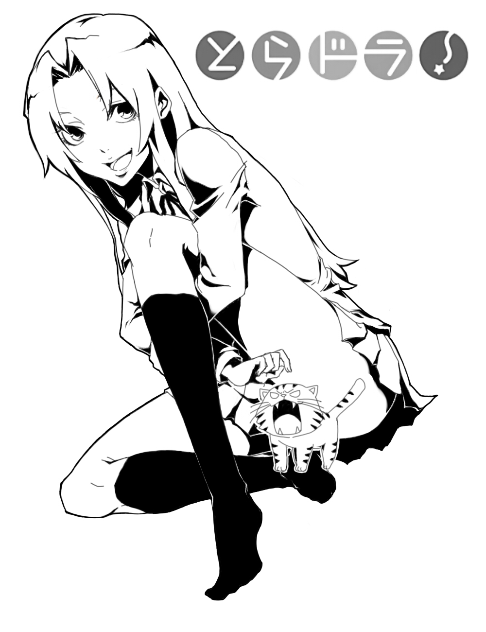 ryu-, ryu (gojitann), kawashima ami, palmtop tiger, toradora!, highres, 00s, censored, character censor, greyscale, kneehighs, monochrome, novelty censor, school uniform, sitting, socks, solo, tiger