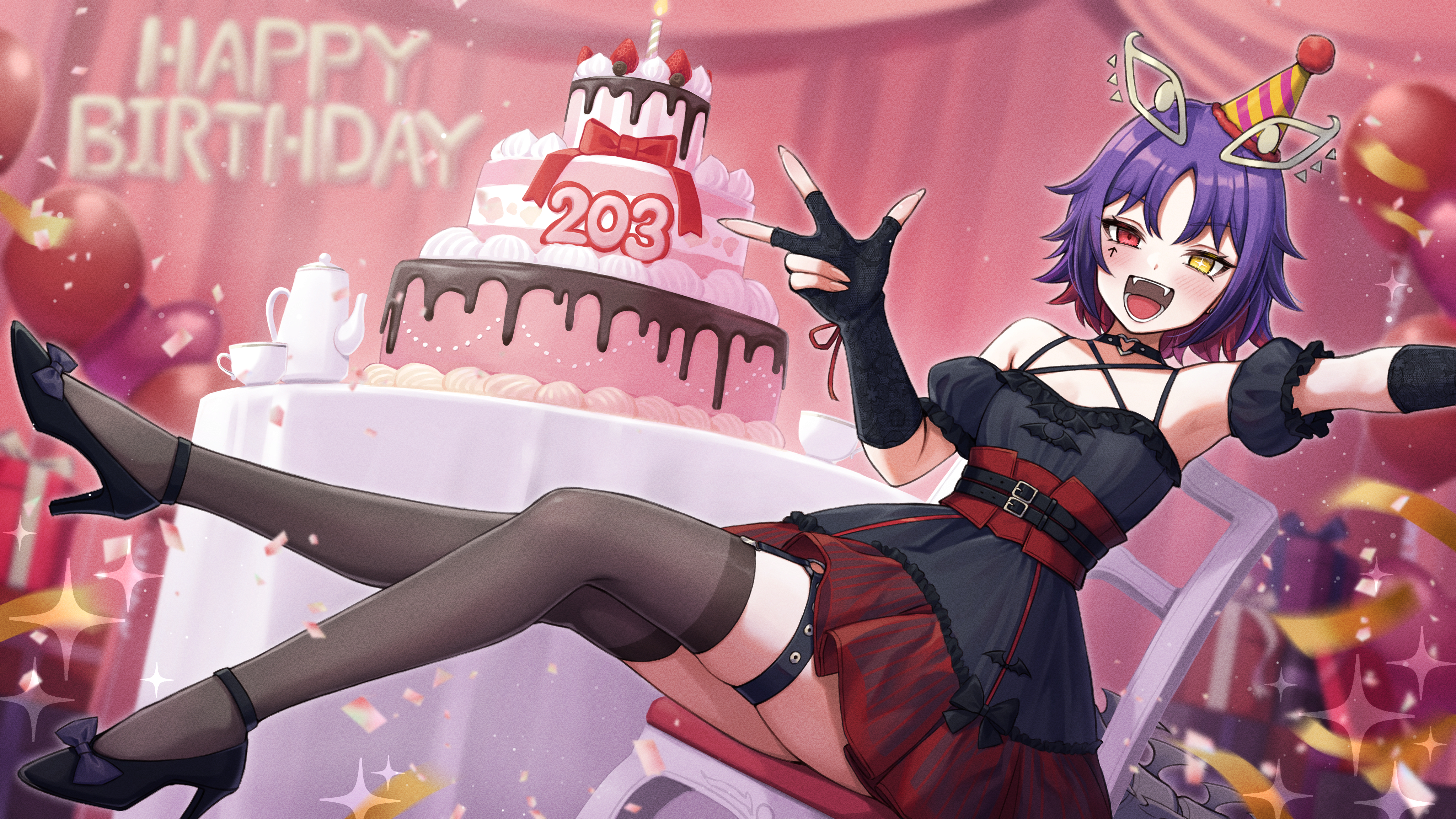 sahara1127, indie virtual youtuber, absurdres, commentary request, highres, 1girl, arrow (symbol), balloon, bare shoulders, belt, birthday cake, black belt, black choker, black dress, black gloves, black shoes, blush, bow, box, bright pupils, cake, candle, chair, choker, confetti, corset, cup, dress, elbow gloves, eyelashes, facial mark, fangs, fingerless gloves, fire, food, footwear bow, fruit, gift, gift box, gloves, happy birthday, hat, heart, heart choker, heterochromia, high heels, multicolored hair, open mouth, party hat, purple hair, red bow, red corset, red eyes, red hair, shoes, short hair, sitting, smile, solo, sparkle, strawberry, table, teacup, teapot, teeth, thigh strap, thighhighs, tokuichi sakai, two-tone hair, virtual youtuber, w, white pupils, yellow eyes, zettai ryouiki