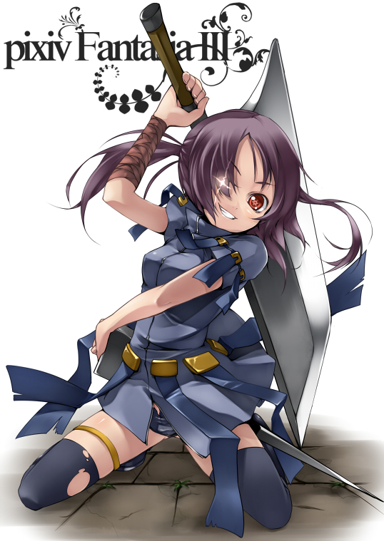 aize, pixiv fantasia, pixiv fantasia 3, 1girl, akatsuhara empire, female focus, huge weapon, long hair, ponytail, red eyes, smile, solo, sword, thighhighs, torn clothes, torn thighhighs, weapon
