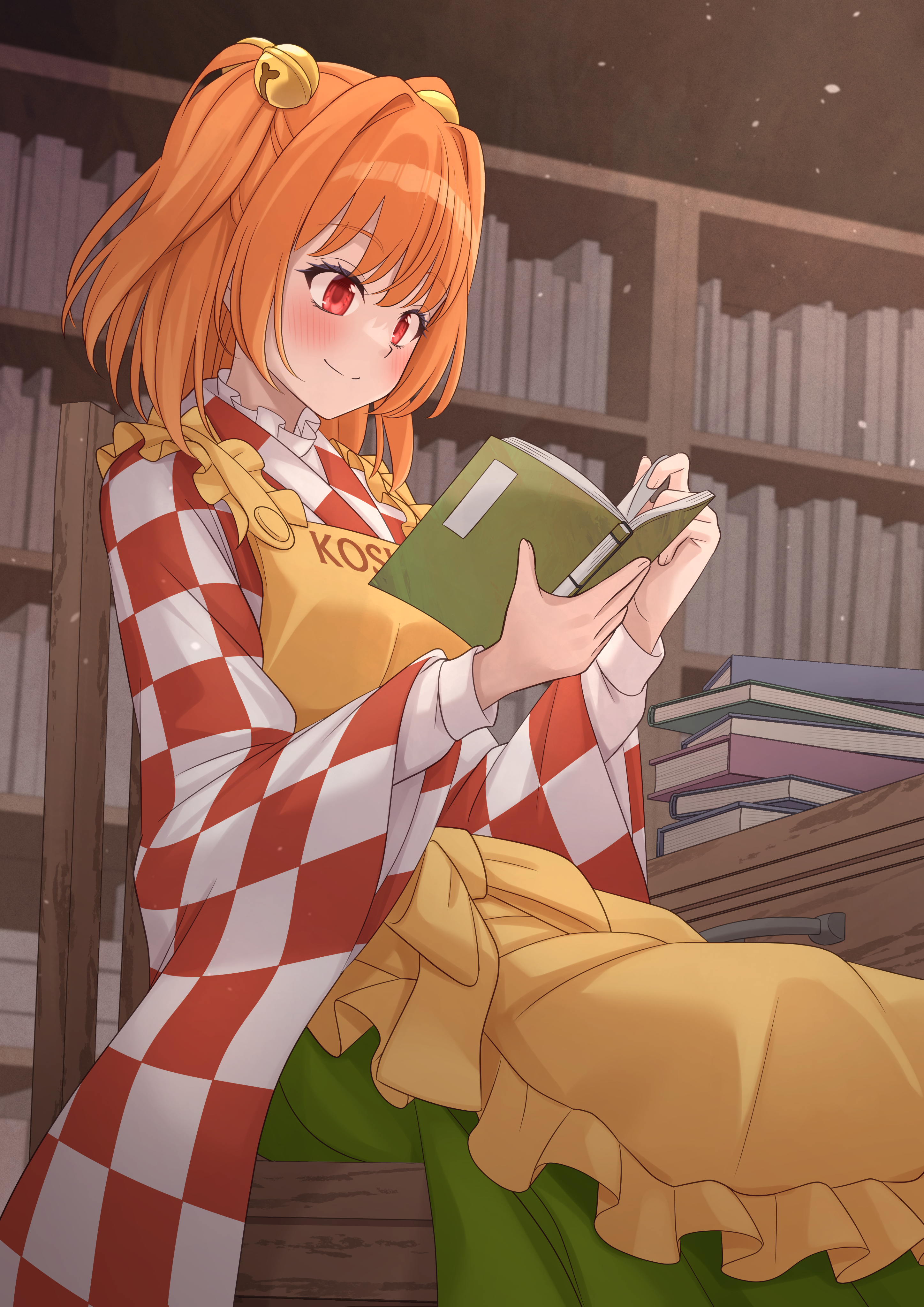 ramie (ramie541), motoori kosuzu, forbidden scrollery, touhou, absurdres, commentary request, commission, highres, skeb commission, 1girl, apron, bell, blush, book, bookshelf, character name, checkered clothes, checkered kimono, closed mouth, eyelashes, feet out of frame, frilled apron, frills, green hakama, hair bell, hair between eyes, hair intakes, hair ornament, hakama, happy, holding, holding book, indoors, japanese clothes, jingle bell, kimono, long sleeves, medium hair, no eyewear, open book, orange hair, reading, red eyes, sitting, smile, solo, split mouth, straight hair, two side up, wide sleeves, yellow apron