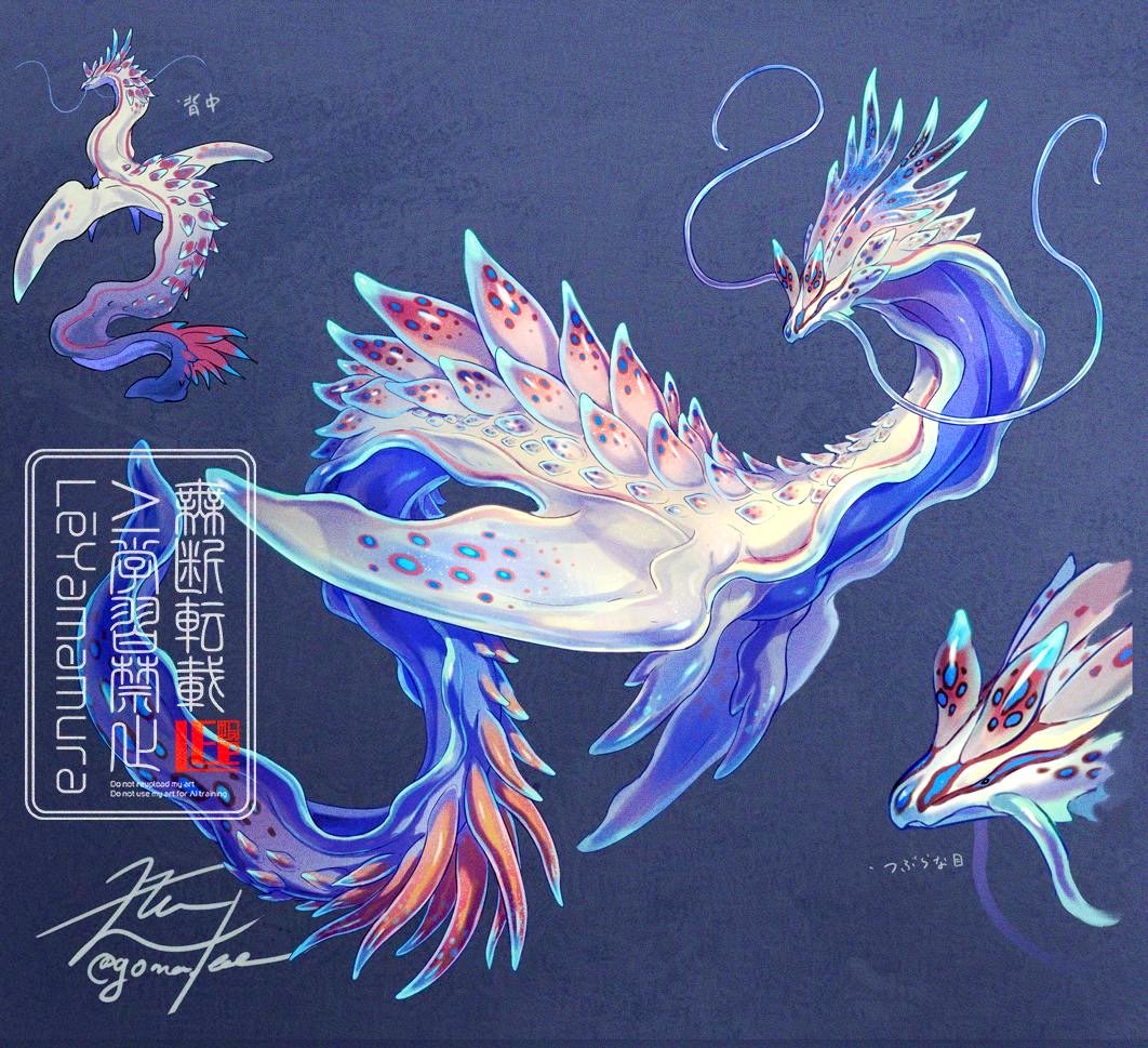 yamamura le, original, artist name, blue background, dragon, fins, full body, monster, monster focus, multiple views, no humans, sea slug, signature, tail, watermark