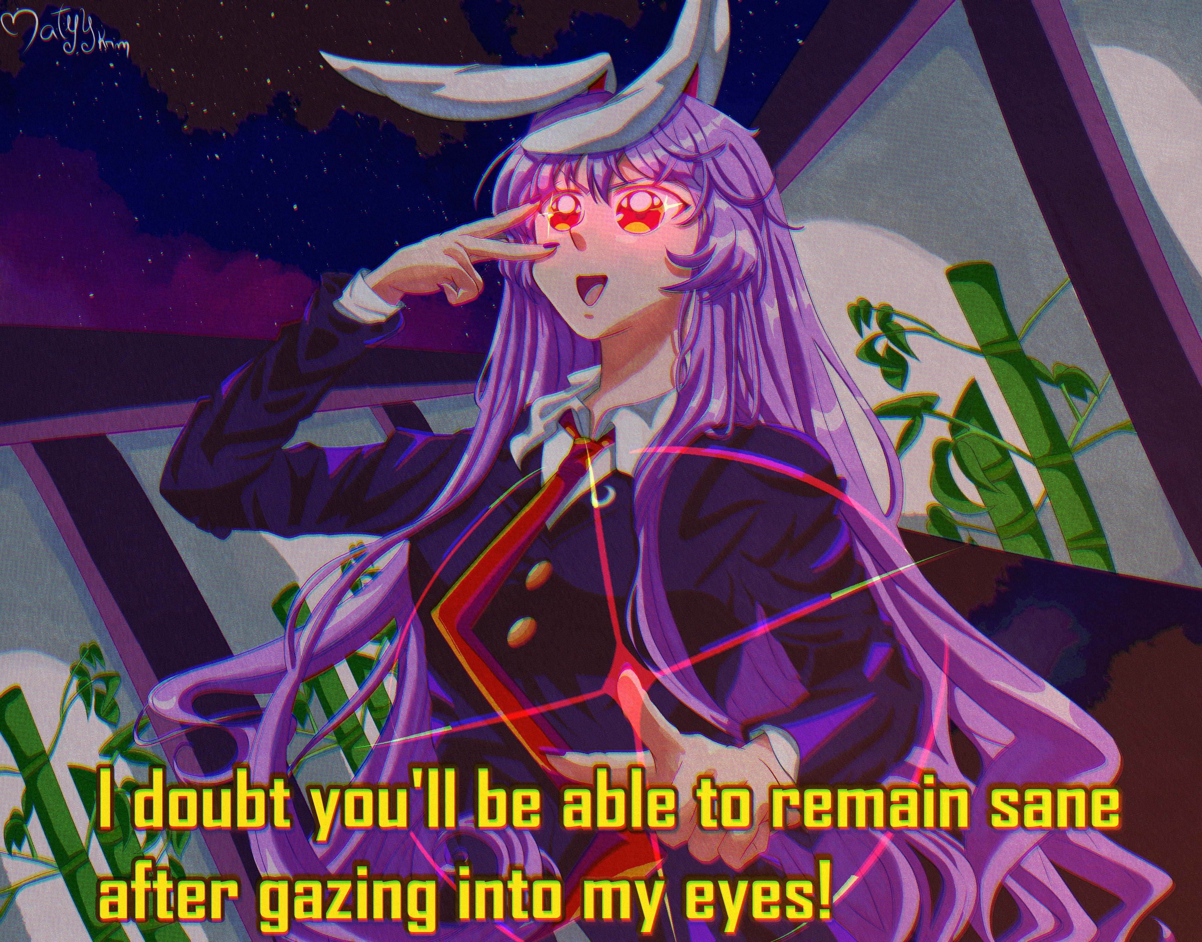 reisen udongein inaba, imperishable night, touhou, absurdres, highres, 1990s (style), 1girl, animal ears, artist name, eientei, natyykrm, night, night sky, purple hair, rabbit ears, rabbit girl, red eyes, retro artstyle, sky