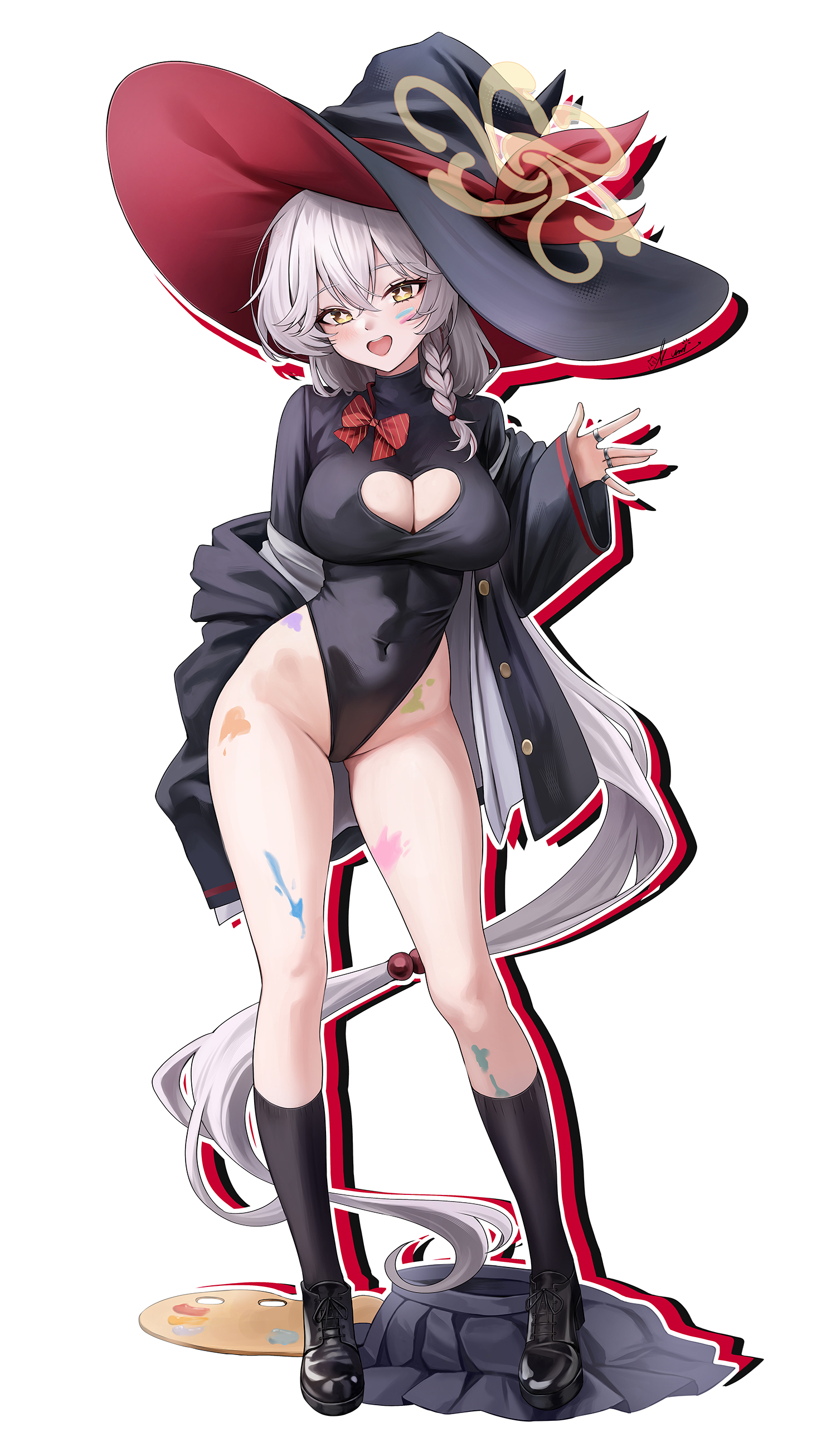 kottungyang, eri (blue archive), blue archive, absurdres, commentary, highres, 1girl, black hat, black jacket, black leotard, black shoes, black skirt, black socks, blush, braid, breasts, brown halo, cleavage cutout, clothing cutout, full body, hair between eyes, halo, hand up, hat, heart cutout, highleg, highleg leotard, jacket, jewelry, kneehighs, large breasts, leotard, loafers, long hair, looking at viewer, multiple rings, open clothes, open jacket, open mouth, open shirt, outline, paint on body, paint splatter, ring, shirt, shoes, side halo, simple background, single braid, skirt, smile, socks, solo, standing, thighs, unworn skirt, white background, white hair, white outline, white shirt, witch hat