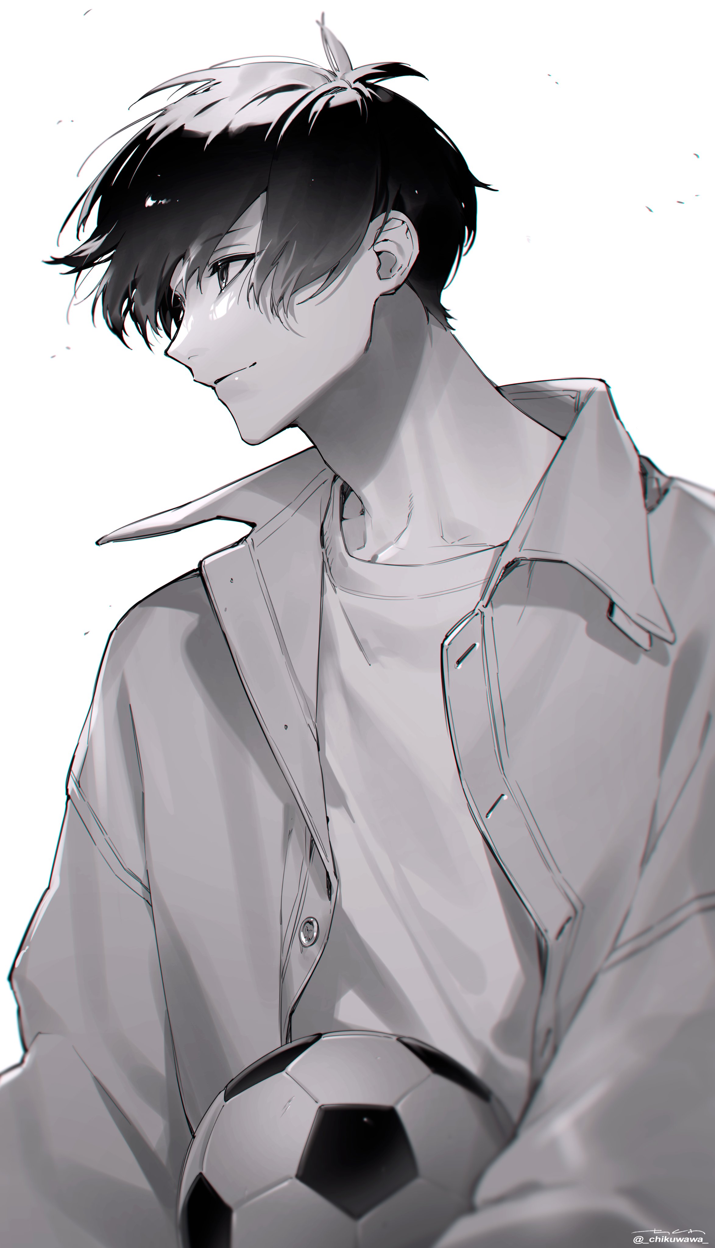 chikuwa (dr0603), isagi yoichi, blue lock, absurdres, highres, 1boy, ball, closed mouth, greyscale, light smile, male focus, monochrome, shirt, short hair, signature, simple background, soccer ball, solo, twitter username, unbuttoned, upper body, white background