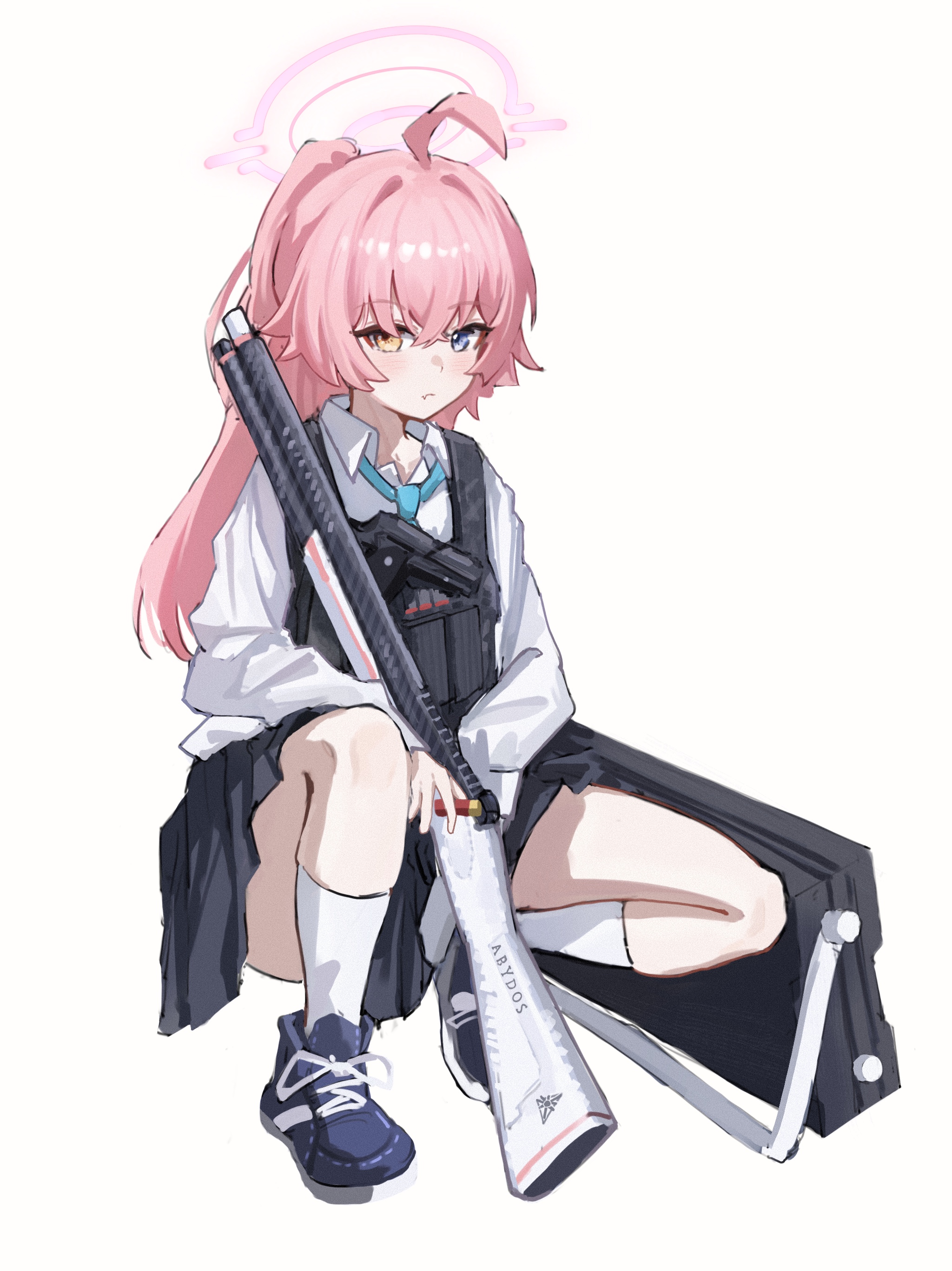 xiaoxiaoyifan, hoshino (armed) (blue archive), hoshino (blue archive), blue archive, absurdres, highres, 1girl, ahoge, blue eyes, blue necktie, blue shoes, blush, bulletproof vest, closed mouth, collared shirt, cross-laced shoes, fang, full body, gun, hair between eyes, hair intakes, halo, heterochromia, kneehighs, knees up, long hair, looking at viewer, necktie, official alternate costume, official alternate hairstyle, pink hair, pink halo, ponytail, school uniform, shirt, shoes, simple background, sitting, skin fang, sneakers, socks, solo, weapon, white background, white shirt, white socks, yellow eyes