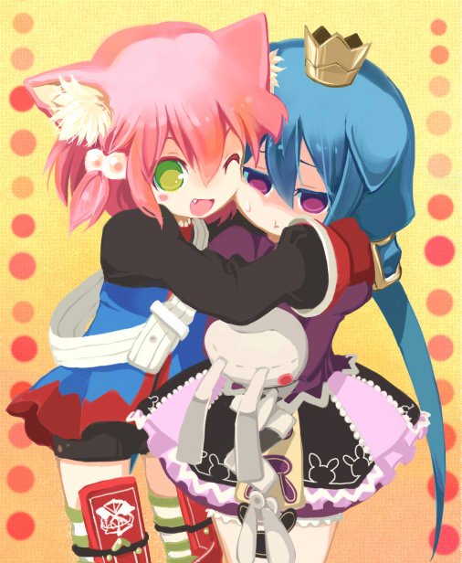 fighter (7th dragon), princess (7th dragon), 7th dragon, 7th dragon (series), 2girls, animal ears, blue hair, cat ears, crown, fang, hug, multiple girls, one eye closed, red hair, stuffed animal, stuffed rabbit, stuffed toy, wink