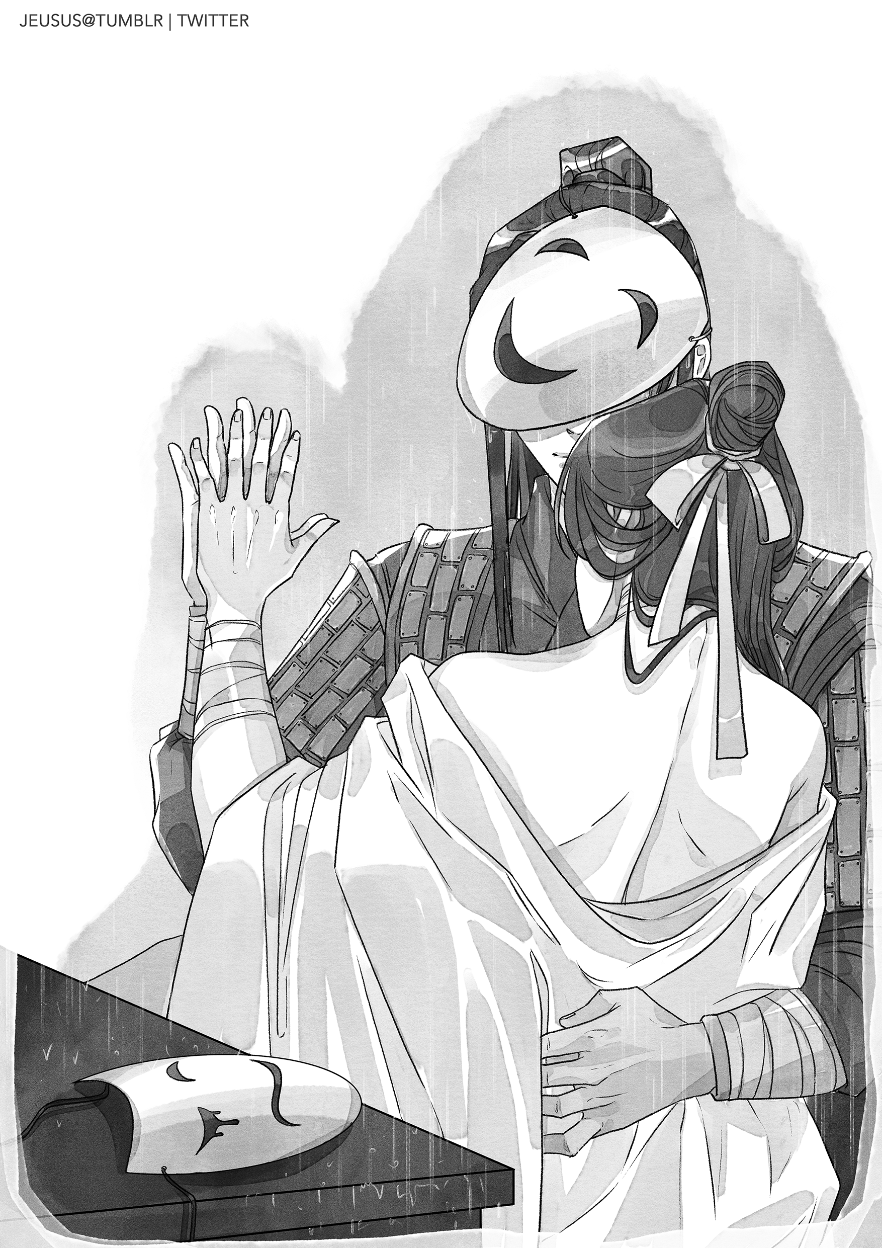 hua cheng, xie lian, tianguan cifu, absurdres, commentary, english commentary, highres, spoilers, 2boys, armor, artist name, bandaged neck, bandaged wrist, bandages, bare back, black hair, bow, bracer, chinese armor, couple, full armor, full mask, greyscale, hair bow, hair bun, hair ribbon, hand on another's back, hand to hand, high ponytail, hug, jeusus, long hair, long sleeves, male focus, mask, monochrome, multiple boys, ponytail, rain, ribbon, shoulder blades, single hair bun, unworn mask, white bow, white mask, white ribbon, wu ming, yaoi
