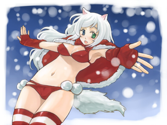 goldenbicth, original, animal ears, bow, bra, cat ears, cat tail, fingerless gloves, gloves, green eyes, heterochromia, lingerie, long hair, midriff, navel, panties, santa costume, snow, solo, striped clothes, striped thighhighs, tail, thighhighs, underwear, white hair