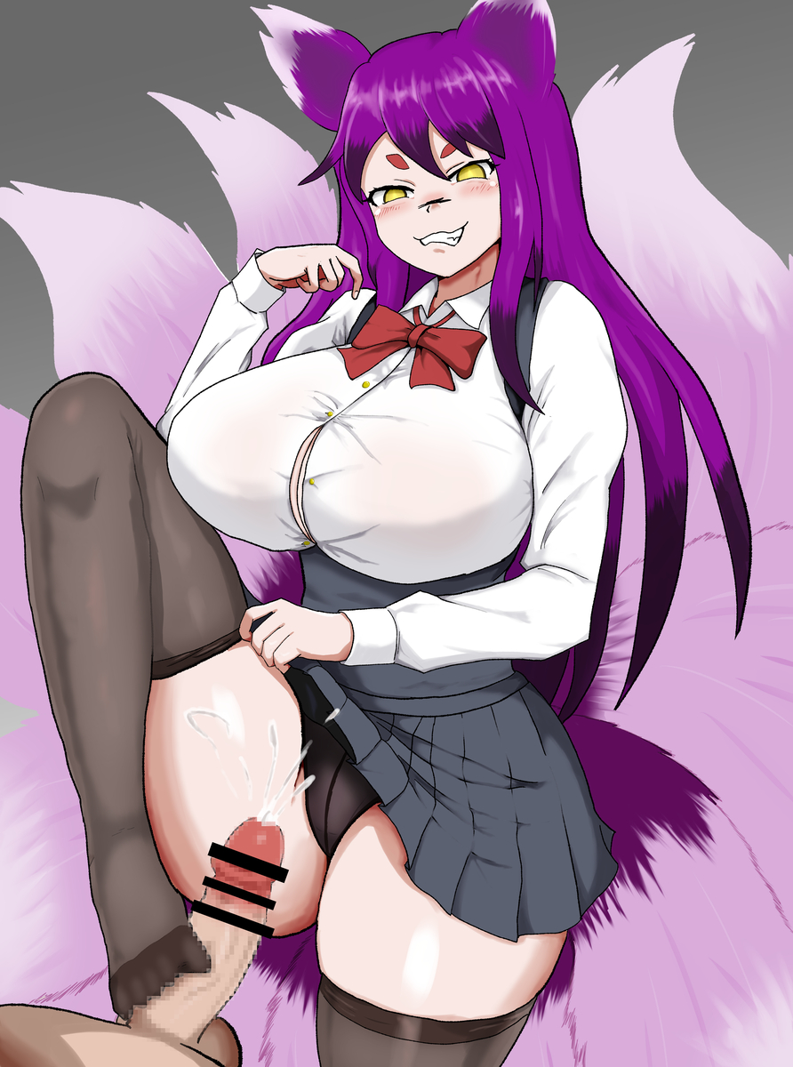 xian, daji (mon-musu quest!), daji (shrift), shrift, highres, black panties, breasts, cum, footjob, kitsune, kyuubi, large breasts, multiple tails, panties, purple fur, purple hair, skirt, tail, thick thighs, thighhighs, thighs, underwear, yellow eyes