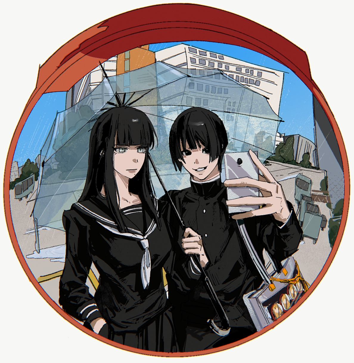 asahi sas brutus, yotsuyu goe brutus, final fantasy, final fantasy xiv, highres, 1boy, 1girl, alternate costume, bag, black eyes, black hair, black jacket, blunt bangs, border, brother and sister, building, contemporary, cowboy shot, day, grey eyes, hand in pocket, holding, holding phone, holding umbrella, hyur, jacket, long hair, miumiu (ling-4), neckerchief, outdoors, phone, round border, school uniform, serafuku, short hair, siblings, smile, taking picture, umbrella, white neckerchief