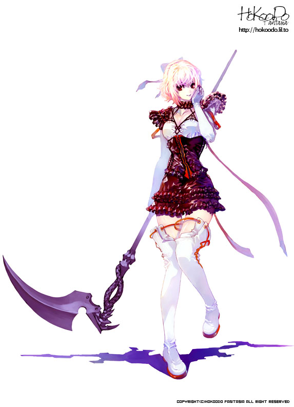 hokoodo, original, 1girl, blonde hair, boots, bow, breasts, cleavage, female focus, gothic lolita, lace, legs, lolita fashion, medium breasts, red eyes, ribbon, scythe, solo, thighhighs, weapon, zettai ryouiki