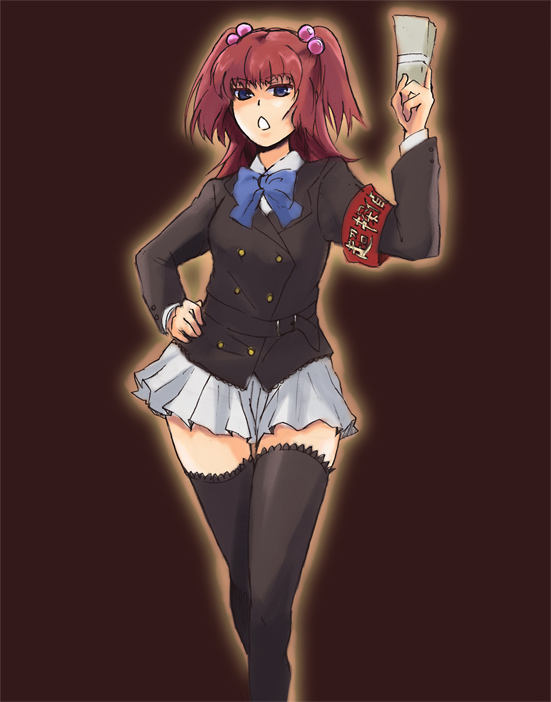 ushiromiya ange, umineko no naku koro ni, 00s, 1girl, angry, armband, blue eyes, female focus, frills, gradient background, hair bobbles, hair ornament, holding, jacket, money, red hair, ribbon, school uniform, solo, thighhighs, twintails, two side up, zettai ryouiki