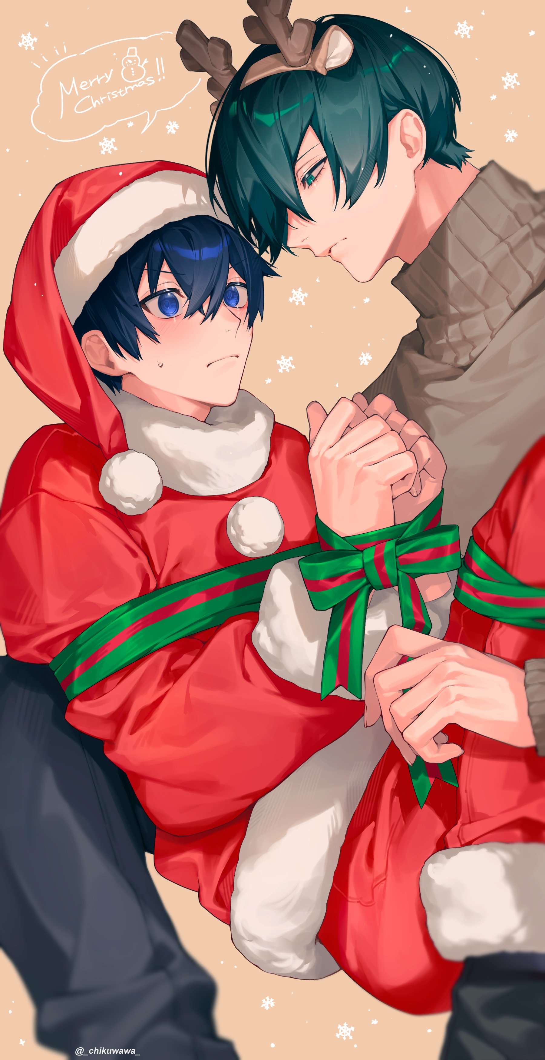 chikuwa (dr0603), isagi yoichi, itoshi rin, blue lock, absurdres, highres, 2boys, alternate costume, blue eyes, blue hair, blush, grey hair, hair between eyes, hat, looking at another, male focus, merry christmas, multiple boys, ribbon, santa costume, santa hat, short hair, twitter username, yaoi