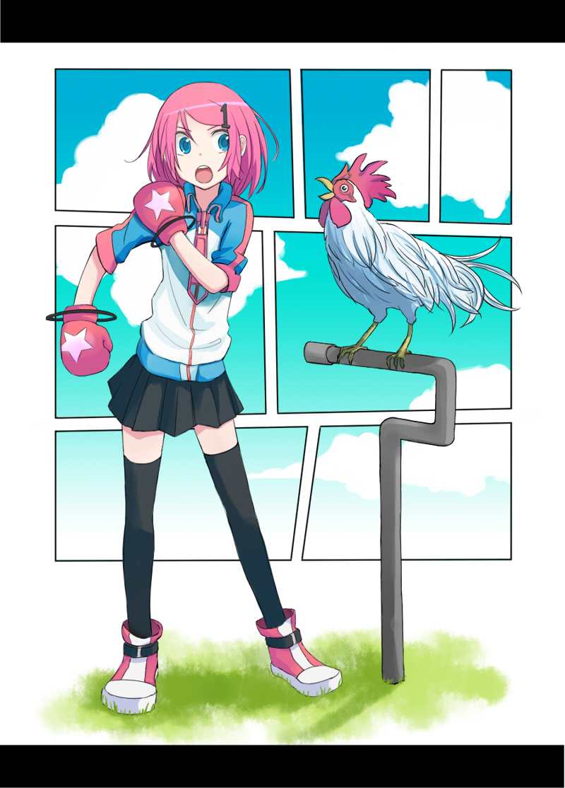 kosa k, original, bad id, bad pixiv id, 1girl, bird, black thighhighs, blue eyes, boxing gloves, chicken, cloud, day, female focus, hair ornament, jacket, letterboxed, miniskirt, pink hair, rooster, short hair, skirt, sky, solo, thighhighs, zettai ryouiki, zipper