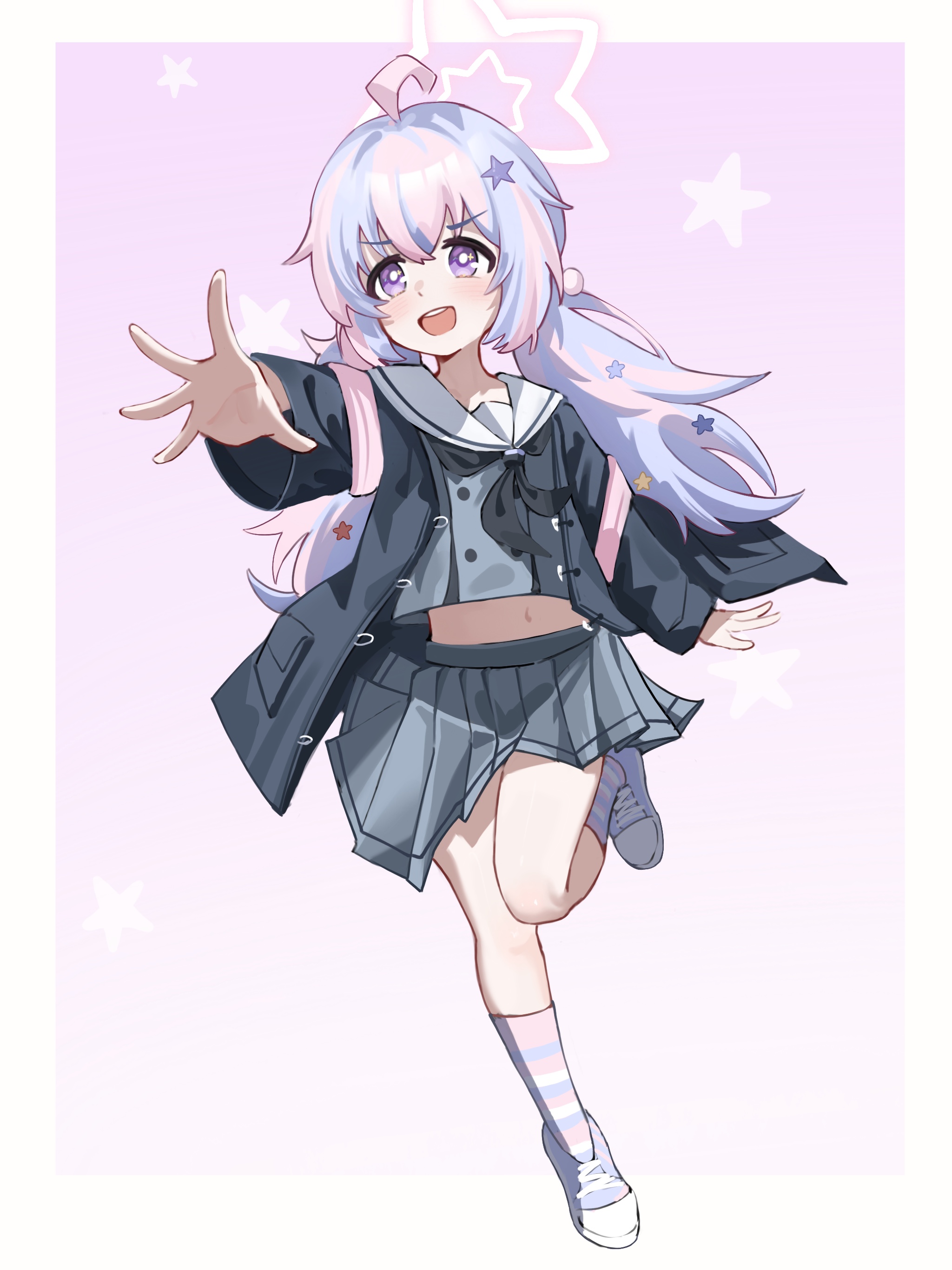 xiaoxiaoyifan, reisa (blue archive), blue archive, absurdres, highres, 1girl, :d, ahoge, black jacket, black neckerchief, blue hair, blush, border, bright pupils, buttons, cross-laced shoes, double-breasted, full body, grey serafuku, grey shirt, grey skirt, hair between eyes, hair ornament, halo, jacket, kneehighs, long hair, long sleeves, midriff, miniskirt, multicolored hair, navel, neckerchief, open clothes, open jacket, open mouth, outside border, outstretched arm, outstretched hand, pink background, pink hair, pleated skirt, purple eyes, purple shoes, sailor collar, school uniform, serafuku, shirt, shoes, sidelocks, simple background, skirt, smile, sneakers, socks, solo, sparkling eyes, standing, standing on one leg, star (symbol), star hair ornament, star halo, streaked hair, striped clothes, striped socks, tareme, teeth, two-tone hair, upper teeth only, v-shaped eyebrows, white border, white pupils, white sailor collar, wide sleeves