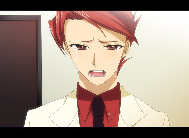 yodobashi yuo, ushiromiya battler, umineko no naku koro ni, 00s, 1boy, anime coloring, brown eyes, crying, jacket, letterboxed, male focus, necktie, red hair, short hair, solo, tears