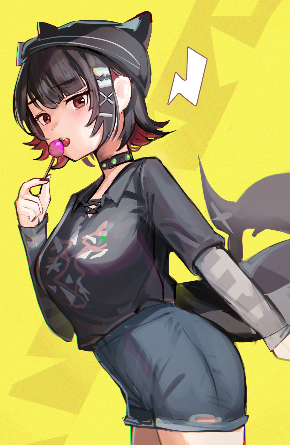 solokitsune, ellen joe, zenless zone zero, highres, 1girl, alternate costume, beret, black collar, black hair, black hat, black shirt, blue shorts, candy, collar, collared shirt, fins, fish tail, food, hair ornament, hat, holding, holding candy, holding food, holding lollipop, lollipop, looking at viewer, multicolored hair, nail polish, open mouth, razor blade hair ornament, red hair, red nails, shark girl, shark tail, sharp teeth, shirt, short hair, shorts, solo, streaked hair, tail, teeth, upper teeth only, x hair ornament, yellow background