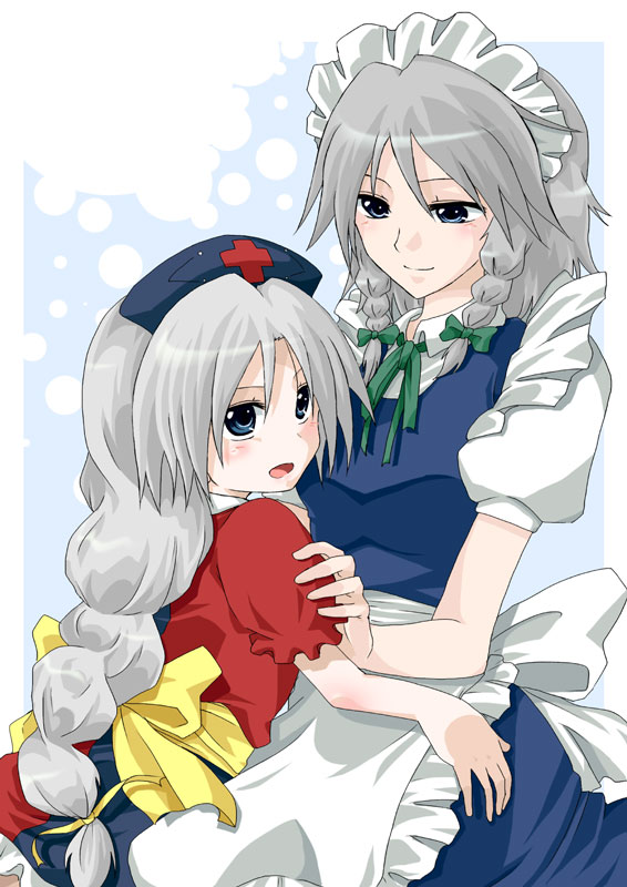 unya, unyakiti, izayoi sakuya, yagokoro eirin, touhou, silver hair, 2girls, aged down, blue eyes, braid, female focus, hat, long hair, maid, multiple girls, twin braids, white background