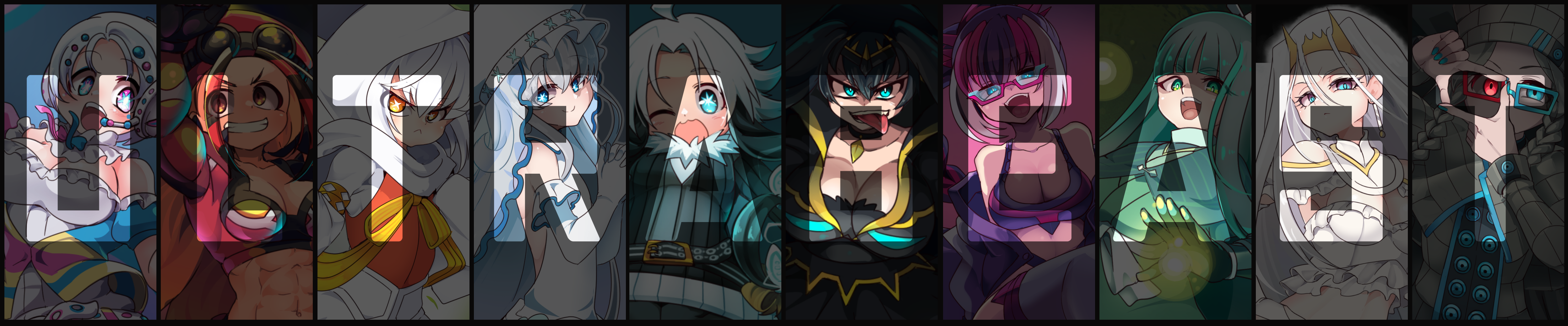 borokuro, blacephalon, buzzwole, celesteela, guzzlord, kartana, naganadel, nihilego, pheromosa, stakataka, xurkitree, nintendo, pokemon, absurdres, commentary request, highres, long image, wide image, 6+girls, abs, aqua eyes, aqua nails, arm up, bare shoulders, belt, black choker, black hair, blue hair, blunt bangs, blush, braid, breasts, bright pupils, brown eyes, choker, cleavage, closed mouth, dot nose, earrings, elbow gloves, english text, eyelashes, fingernails, gen 7 pokemon, glasses, gloves, glowing, glowing hand, goggles, goggles on headwear, green eyes, green hair, grey hair, grin, hair ornament, hat, headset, heterochromia, hood, hood up, jewelry, long hair, long sleeves, multicolored hair, multiple girls, nail polish, one eye closed, open mouth, orange eyes, personification, pink hair, purple-framed eyewear, purple hair, rectangular eyewear, red eyes, red hair, red hat, semi-rimless eyewear, short hair, smile, star-shaped pupils, star (symbol), symbol-shaped pupils, teeth, tiara, toned, toned female, tongue, tongue out, twin braids, twintails, two-tone eyewear, two-tone hair, ultra beast, upper teeth only, v-shaped eyebrows, white gloves, white hair, white pupils