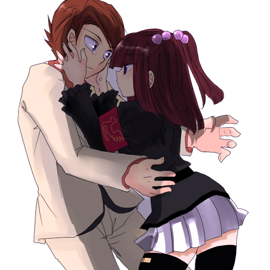 ushiromiya ange, ushiromiya battler, umineko no naku koro ni, 00s, armband, blue eyes, brother and sister, brown eyes, frills, hair bobbles, hair ornament, hug, jacket, necktie, red hair, ribbon, short hair, siblings, tears, thighhighs, twintails, zettai ryouiki