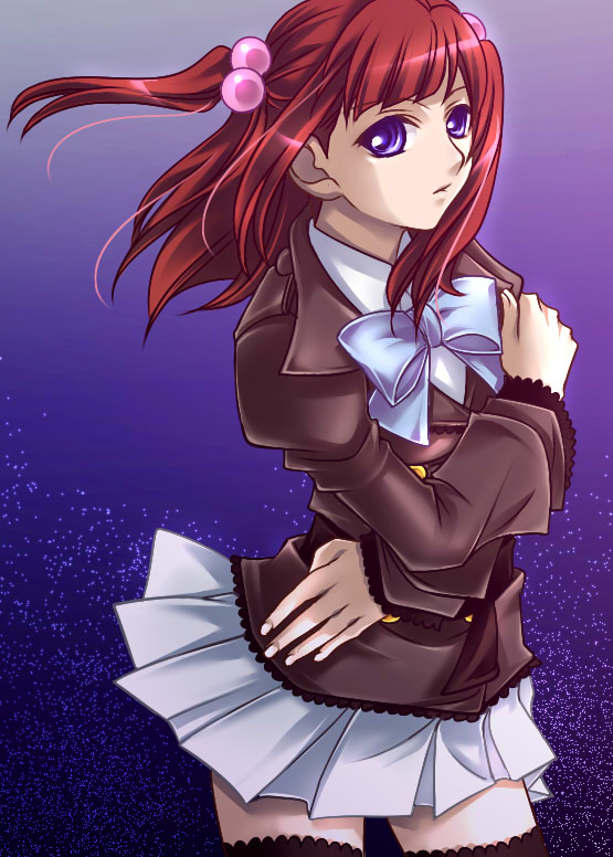 kozato emaru, ushiromiya ange, umineko no naku koro ni, 00s, 1girl, blue eyes, female focus, frills, hair bobbles, hair ornament, jacket, red hair, ribbon, school uniform, skirt, solo, thighhighs, twintails, two side up, zettai ryouiki