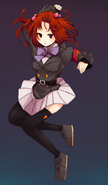 ushiromiya ange, umineko no naku koro ni, 00s, 1girl, arm up, armband, female focus, frills, full body, gradient background, hair bobbles, hair ornament, jacket, jumping, red eyes, red hair, ribbon, school uniform, shoes, solo, thighhighs, twintails, two side up, zettai ryouiki
