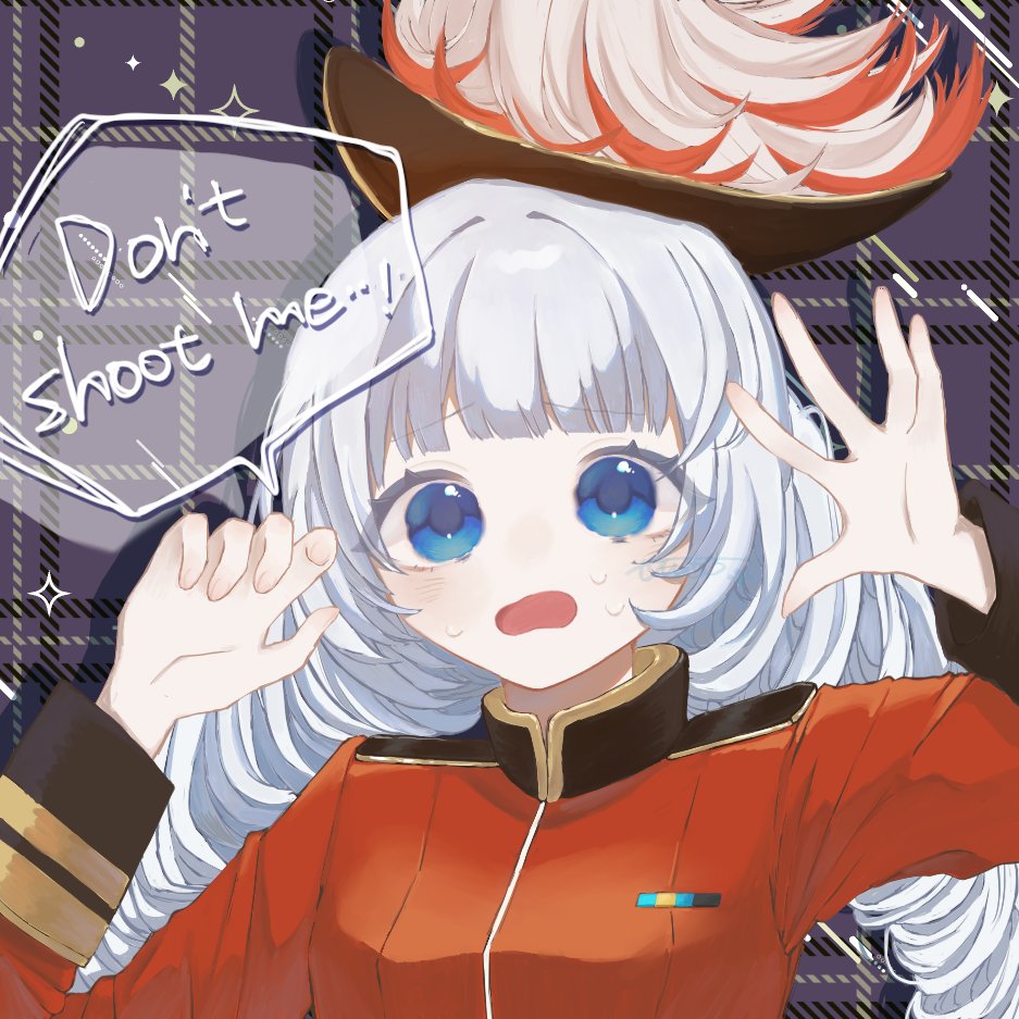 charlie (reverse:1999), charlie (through mirrors and curtains) (reverse:1999), reverse:1999, 1girl, black hat, blue eyes, dress, drill hair, english text, hands up, hat, hat feather, long hair, looking at viewer, military uniform, official alternate costume, open mouth, plaid background, purple background, red dress, senkichi (sen kchi), solo, speech bubble, sweat, twin drills, upper body, white hair