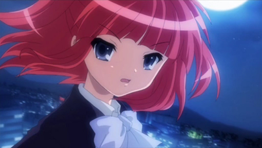 ushiromiya ange, umineko no naku koro ni, 1girl, blue eyes, fake screenshot, female focus, jacket, moon, night, outdoors, parody, red hair, ribbon, sky, solo, town, twintails