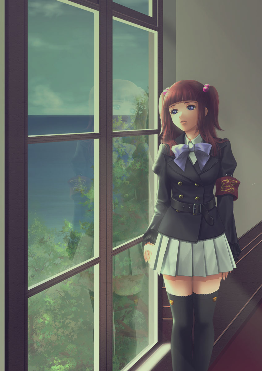 ushiromiya ange, umineko no naku koro ni, highres, 00s, 1girl, armband, blue eyes, female focus, frills, hair bobbles, hair ornament, indoors, jacket, looking outside, nature, ocean, red hair, reflection, ribbon, school uniform, sky, solo, thighhighs, twintails, two side up, window, zettai ryouiki