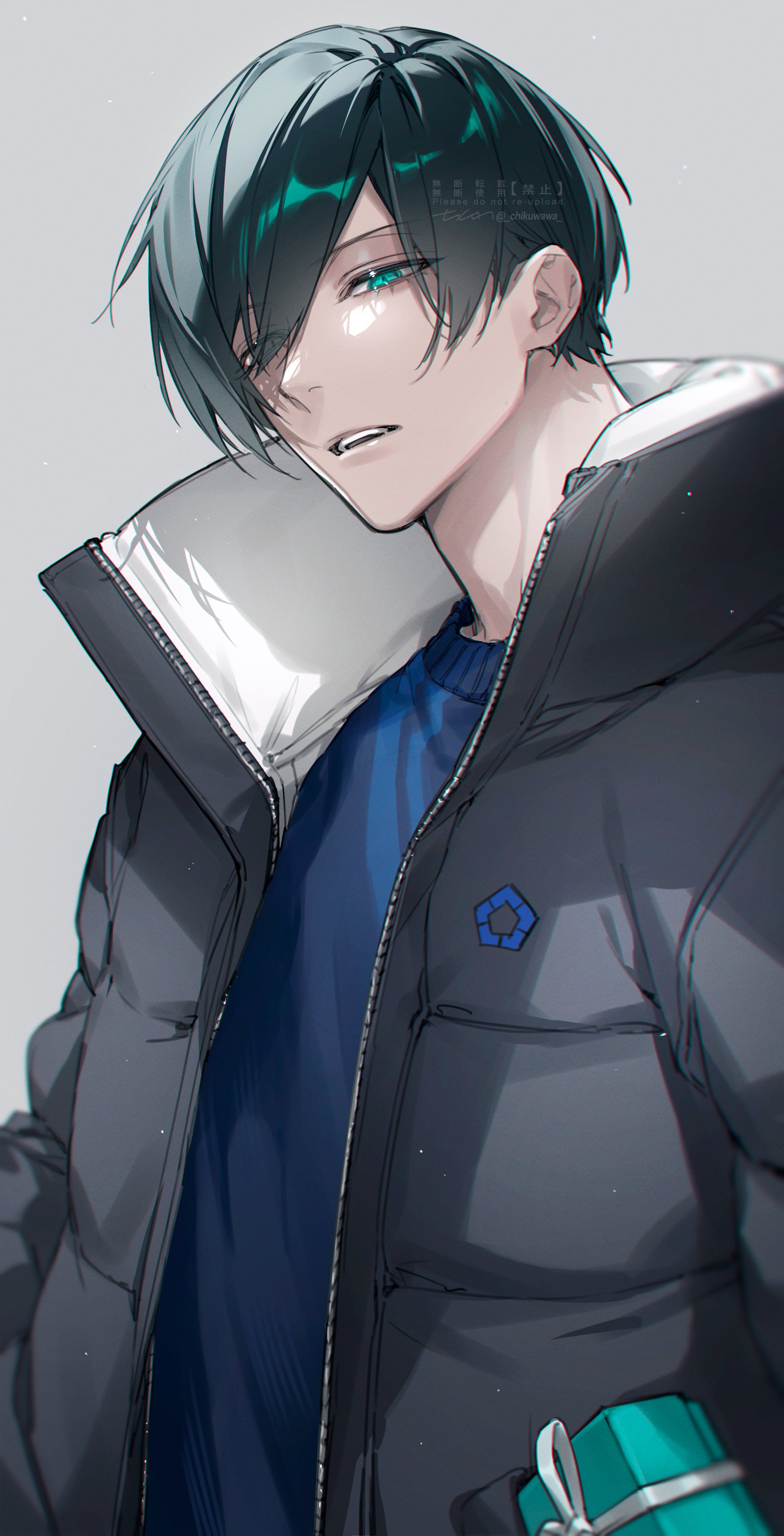 chikuwa (dr0603), itoshi rin, blue lock, absurdres, highres, 1boy, full-length zipper, green eyes, grey background, grey hair, looking at viewer, male focus, short hair, signature, simple background, solo, teeth, twitter username, unzipped, upper body, upper teeth only, watermark, zipper