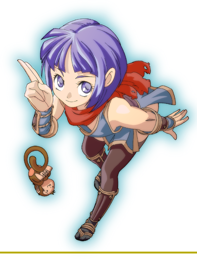 akihiro (chimuya), ninja (ragnarok online), yoyo (ragnarok online), ragnarok online, commentary request, 1girl, black socks, blue dress, blunt bangs, breasts, brown thighhighs, closed mouth, dress, full body, kuji-in, leaning forward, looking at viewer, monkey, ninja, purple eyes, purple hair, red scarf, scarf, short hair, simple background, sleeveless, sleeveless dress, small breasts, smile, socks, solo, standing, tabi, thighhighs, vambraces, white background