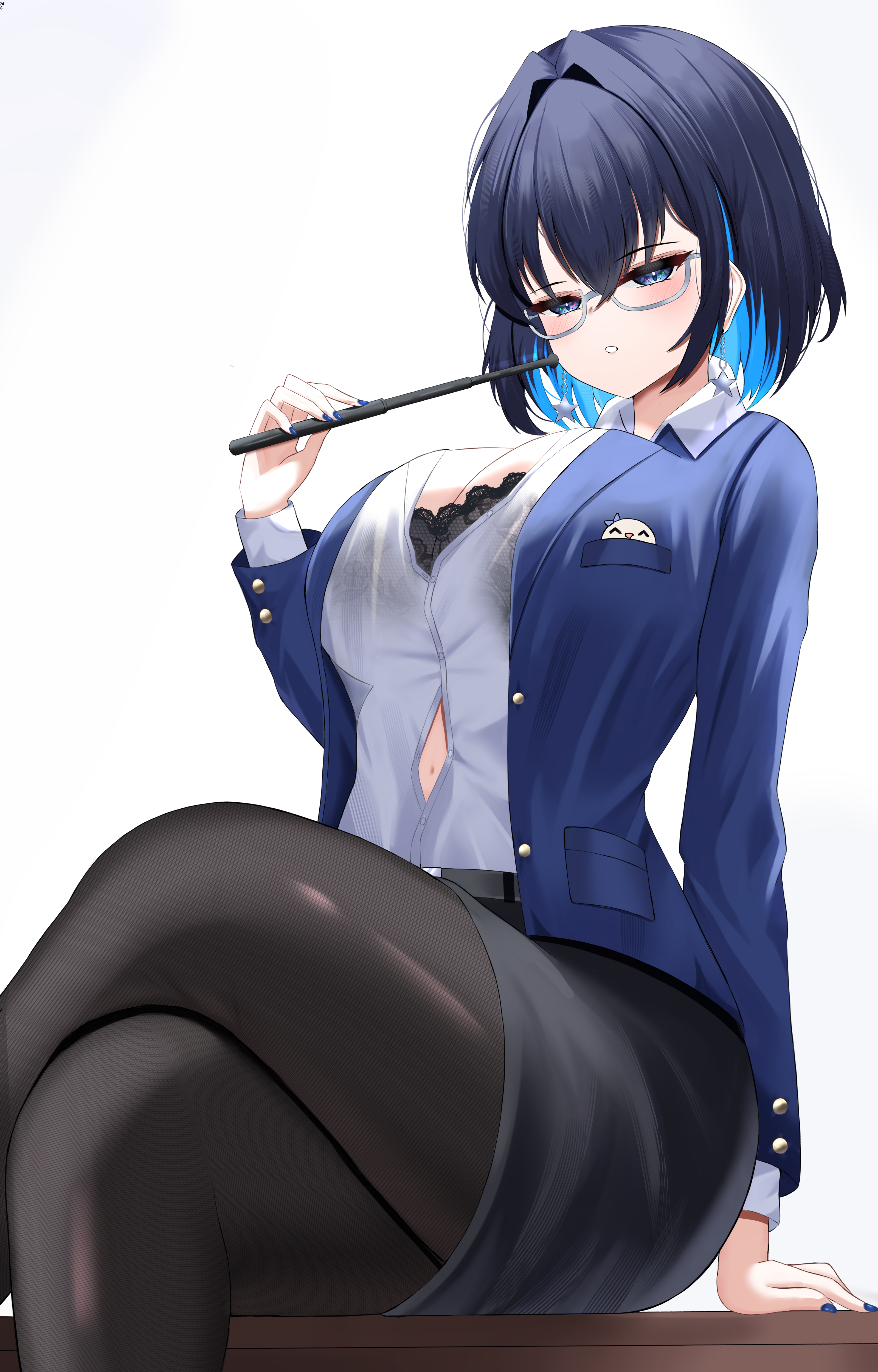 ouro kronii, hololive, hololive english, absurdres, highres, 1girl, alternate costume, alternate hairstyle, black bra, black pantyhose, black skirt, blue eyes, blue hair, blue jacket, blue nails, bra, bra visible through clothes, breasts, cleavage, closed mouth, collared shirt, colored inner hair, jacket, large breasts, looking at viewer, multicolored hair, nail polish, navel, pantyhose, shirt, short hair, skirt, solo, sylix44, underwear, virtual youtuber, white background, white shirt