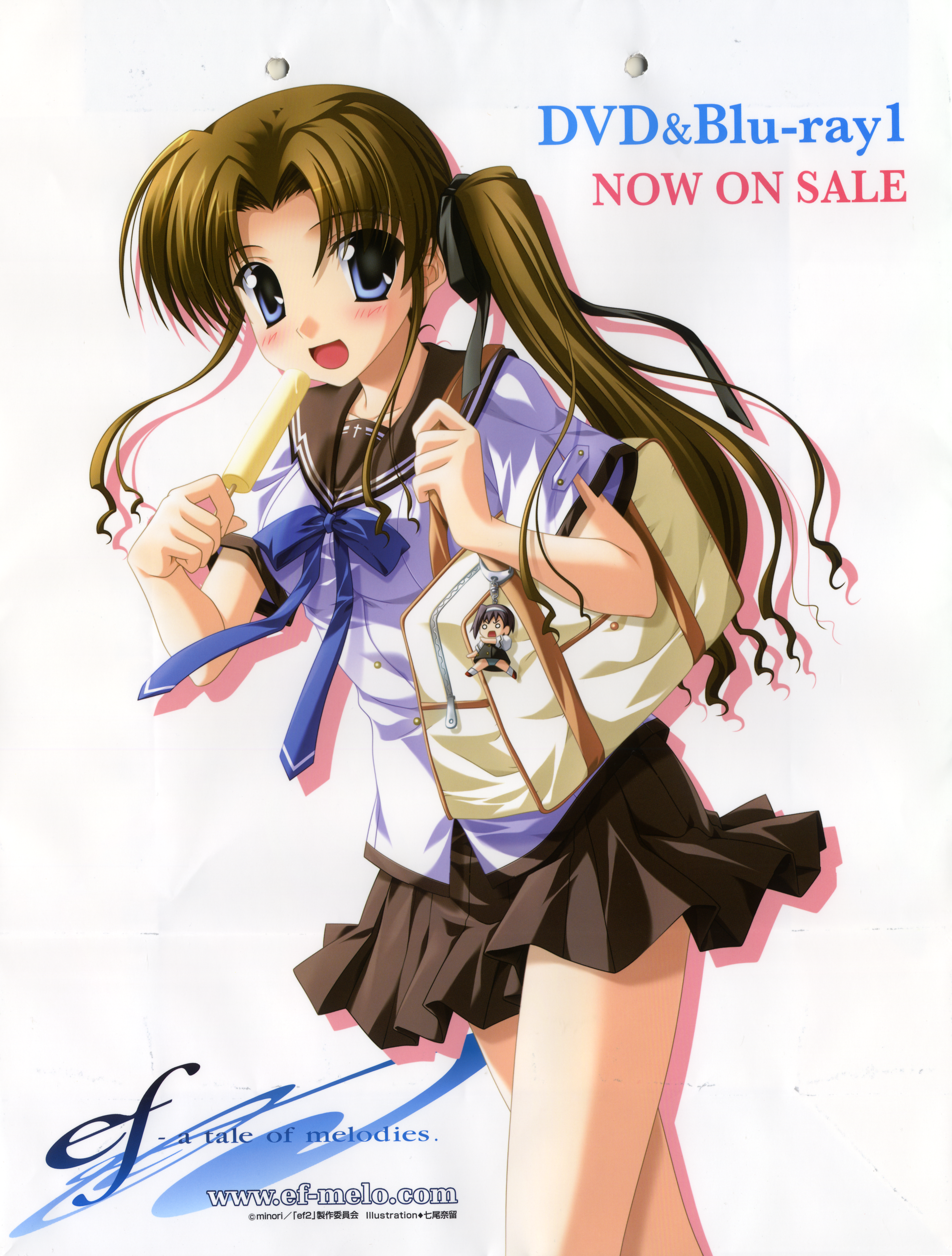 nanao naru, hayama mizuki, ef (visual novel), absurdres, highres, huge filesize, scan, 00s, blue eyes, blush, brown hair, food, ice cream, long hair, school uniform, side ponytail, solo