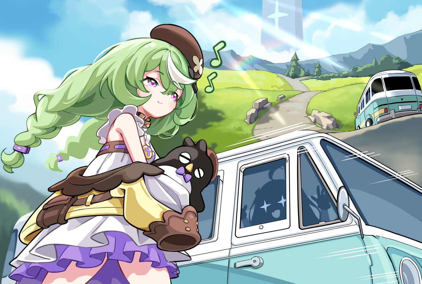 hm (hmongt), female tyrant (stella sora), stella sora, commentary, english commentary, + +, 2girls, bare shoulders, dress, eighth note, frilled dress, frills, holding, holding stuffed toy, humming, jacket, jacket partially removed, monolith (object), motor vehicle, multiple girls, multiple views, musical note, nazuna (stella sora), outdoors, sherlock (stella sora), silhouette, sleeveless, sleeveless dress, stuffed animal, stuffed penguin, stuffed toy, tyrant (stella sora), van, white dress, yellow jacket