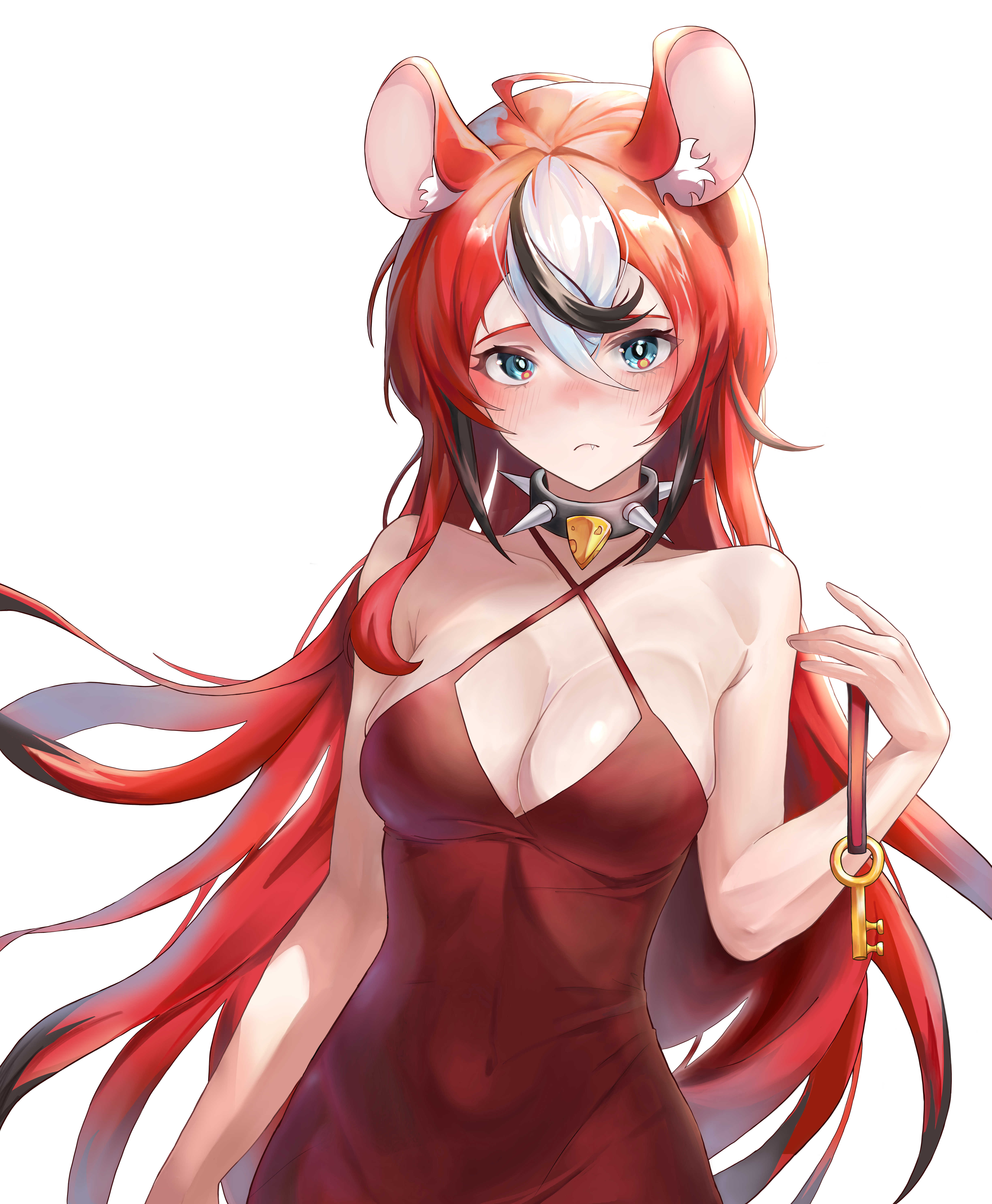 dajumin, hakos baelz, hololive, hololive english, absurdres, highres, 1girl, alternate costume, animal ears, black collar, black hair, blue eyes, blush, breasts, cleavage, closed mouth, collar, dress, fang, halterneck, holding, holding key, key, looking at viewer, medium breasts, mouse ears, mouse girl, multicolored hair, red dress, red hair, solo, spiked collar, spikes, streaked hair, virtual youtuber, white background, white hair