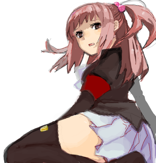 gm, ushiromiya ange, umineko no naku koro ni, 00s, 1girl, armband, blush, brown eyes, female focus, hair bobbles, hair ornament, looking back, oekaki, simple background, solo, surprised, thighhighs, twintails, two side up, zettai ryouiki