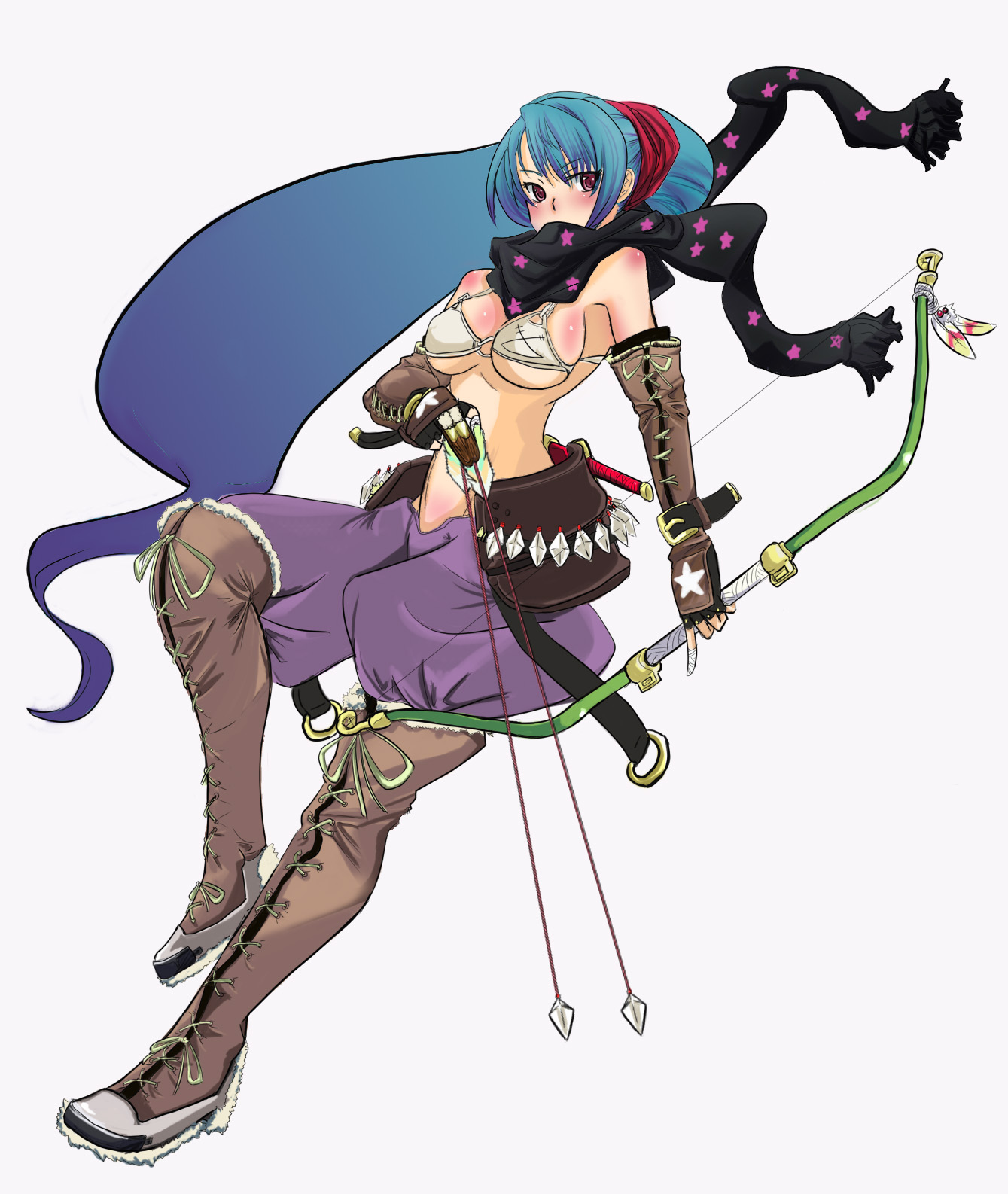 hora (mizumorimami), utsuho, melk (7th dragon), rogue (7th dragon), 7th dragon, 7th dragon (series), highres, 1girl, armor, arrow (projectile), bikini, bikini armor, blue hair, boots, bow, bow (weapon), breasts, elbow gloves, female focus, gloves, knee boots, ribbon, scarf, solo, swimsuit, underboob, weapon