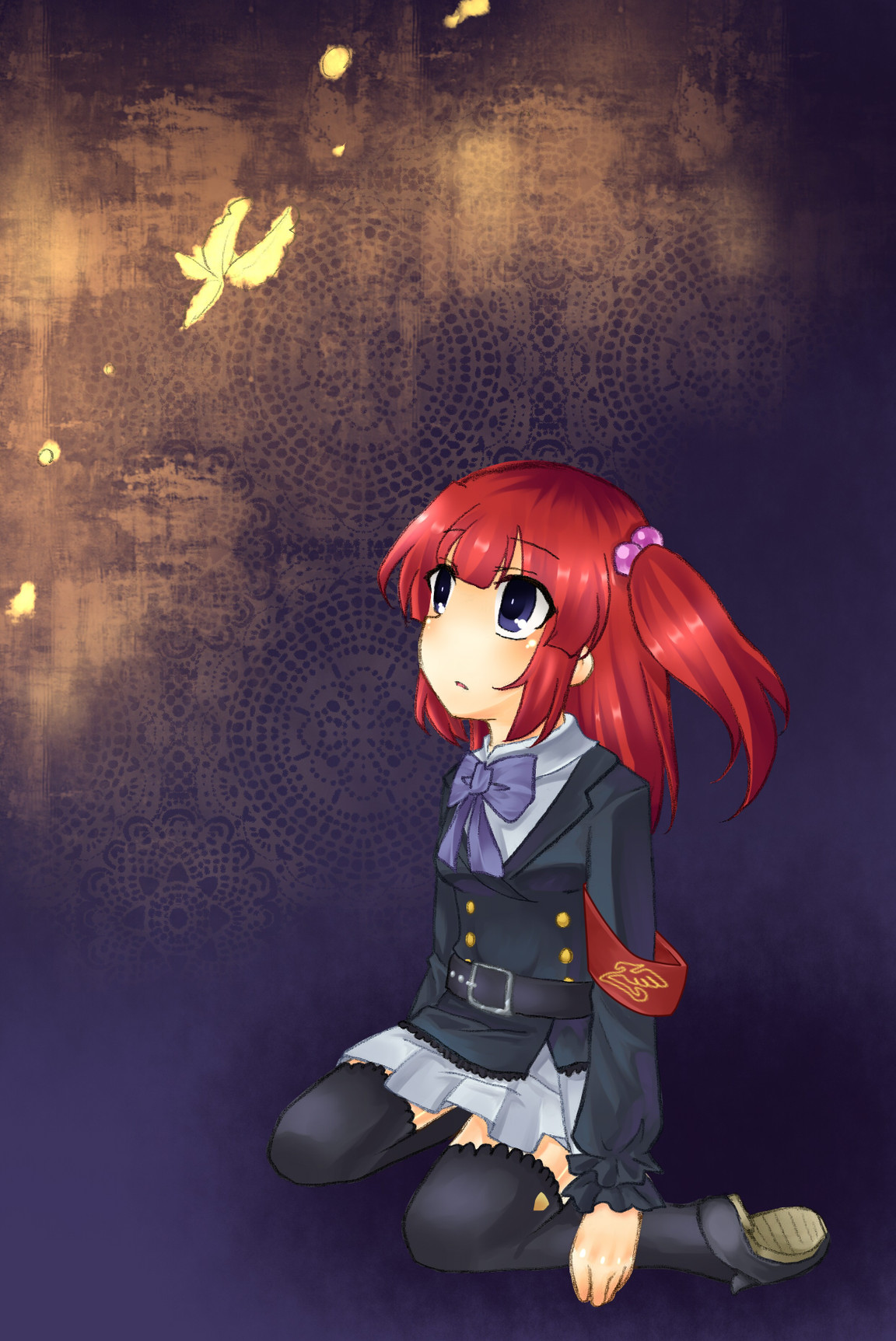 mei (jewel at time), ushiromiya ange, umineko no naku koro ni, highres, 00s, 1girl, armband, blue eyes, bug, butterfly, female focus, frills, hair bobbles, hair ornament, insect, jacket, kneeling, red hair, ribbon, school uniform, solo, thighhighs, twintails, zettai ryouiki
