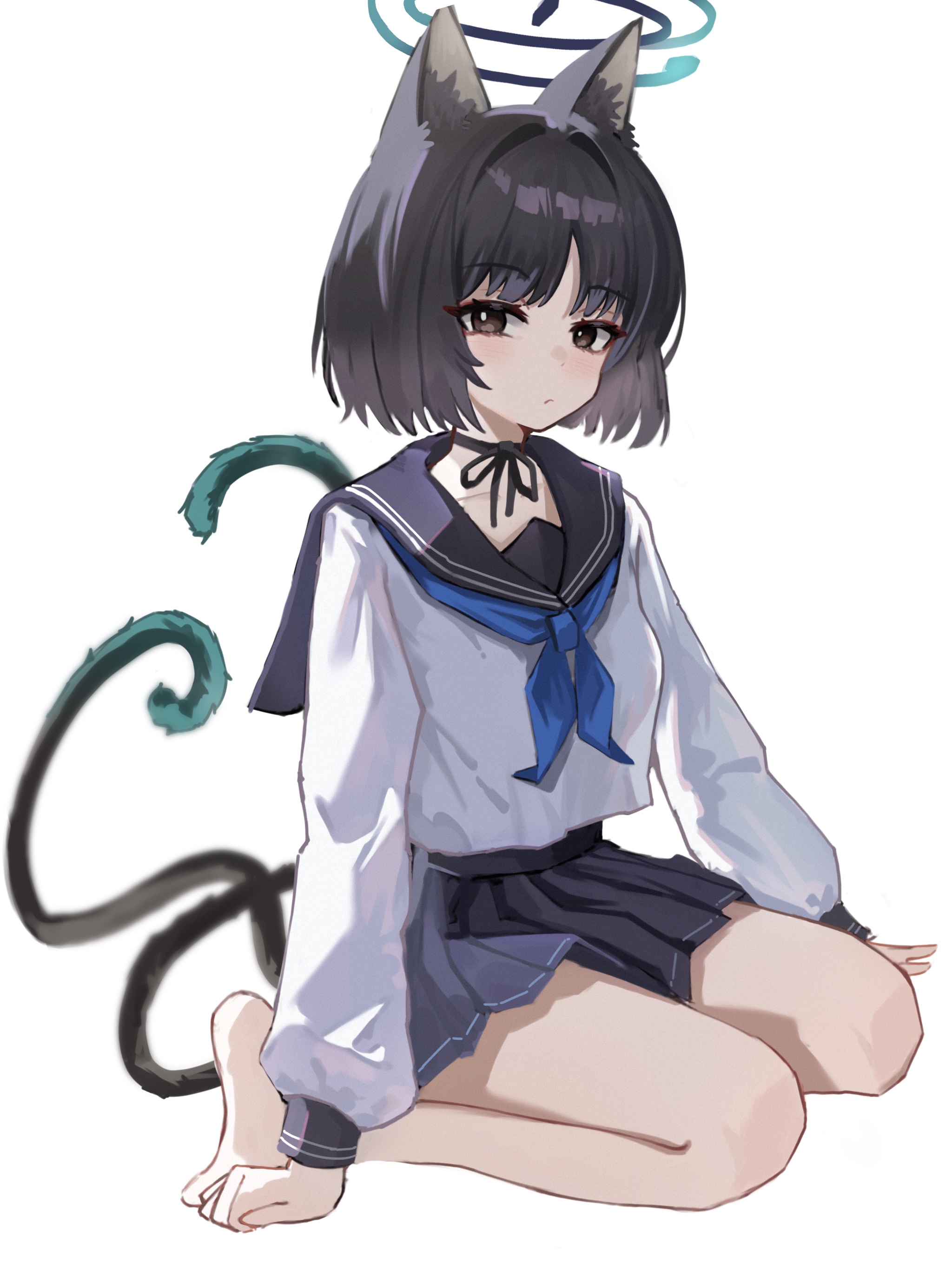 xiaoxiaoyifan, kikyou (blue archive), blue archive, absurdres, highres, 1girl, animal ear fluff, animal ears, arms at sides, backlighting, barefoot, black eyes, black hair, black ribbon, black sailor collar, black skirt, blue halo, blue neckerchief, blush, bright pupils, cat ears, cat girl, cat tail, closed mouth, collarbone, eyeshadow, frown, full body, halo, long sleeves, looking at viewer, makeup, miniskirt, multiple tails, neck ribbon, neckerchief, pleated skirt, red eyeshadow, ribbon, sailor collar, school uniform, serafuku, shirt, short hair, simple background, sitting, skirt, solo, spiked hair, tail, tail raised, tsurime, two tails, wariza, white background, white pupils, white shirt