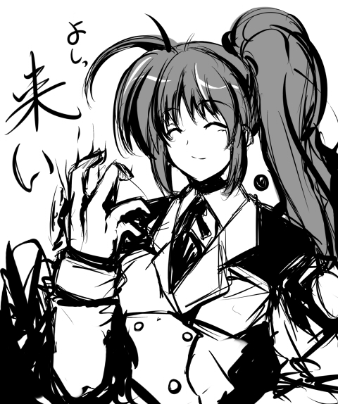 hagane soushi, raising heart, takamachi nanoha, lyrical nanoha, mahou shoujo lyrical nanoha, mahou shoujo lyrical nanoha strikers, 00s, 1girl, closed eyes, female focus, greyscale, military, military uniform, monochrome, ponytail, side ponytail, sketch, solo, white devil
