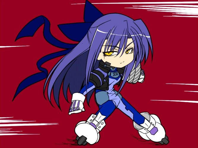 hagane soushi, blitz caliber, ginga nakajima, numbers (nanoha), revolver knuckle, lyrical nanoha, mahou shoujo lyrical nanoha, mahou shoujo lyrical nanoha strikers, 00s, 1girl, bodysuit, bow, chibi, female focus, gloves, hair bow, hair ribbon, inline skates, long hair, purple hair, ribbon, roller skates, skates, solo, yellow eyes